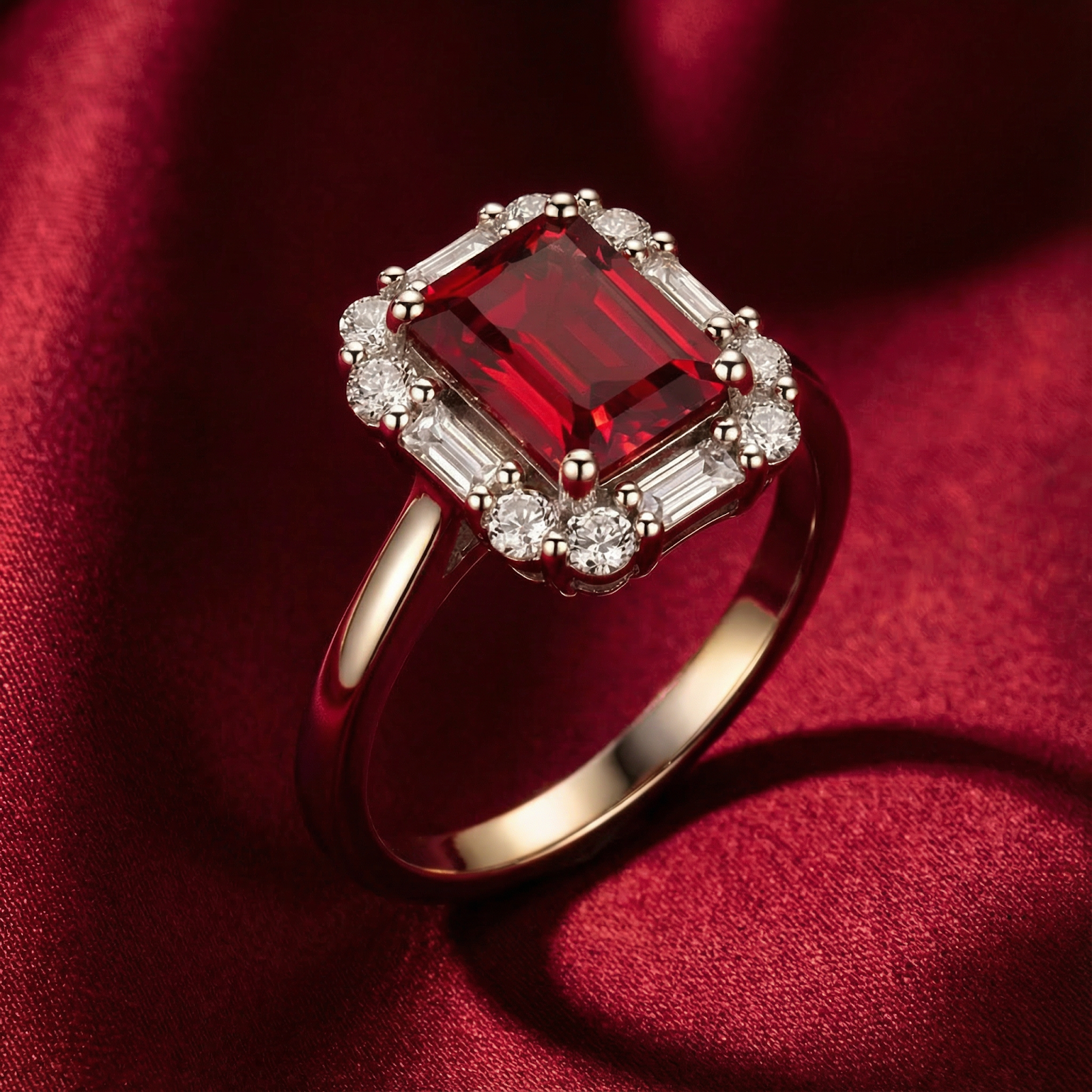 Angled view of the Pigeon Blood red emerald cut simulated ruby ring in S925 sterling silver on red silk.