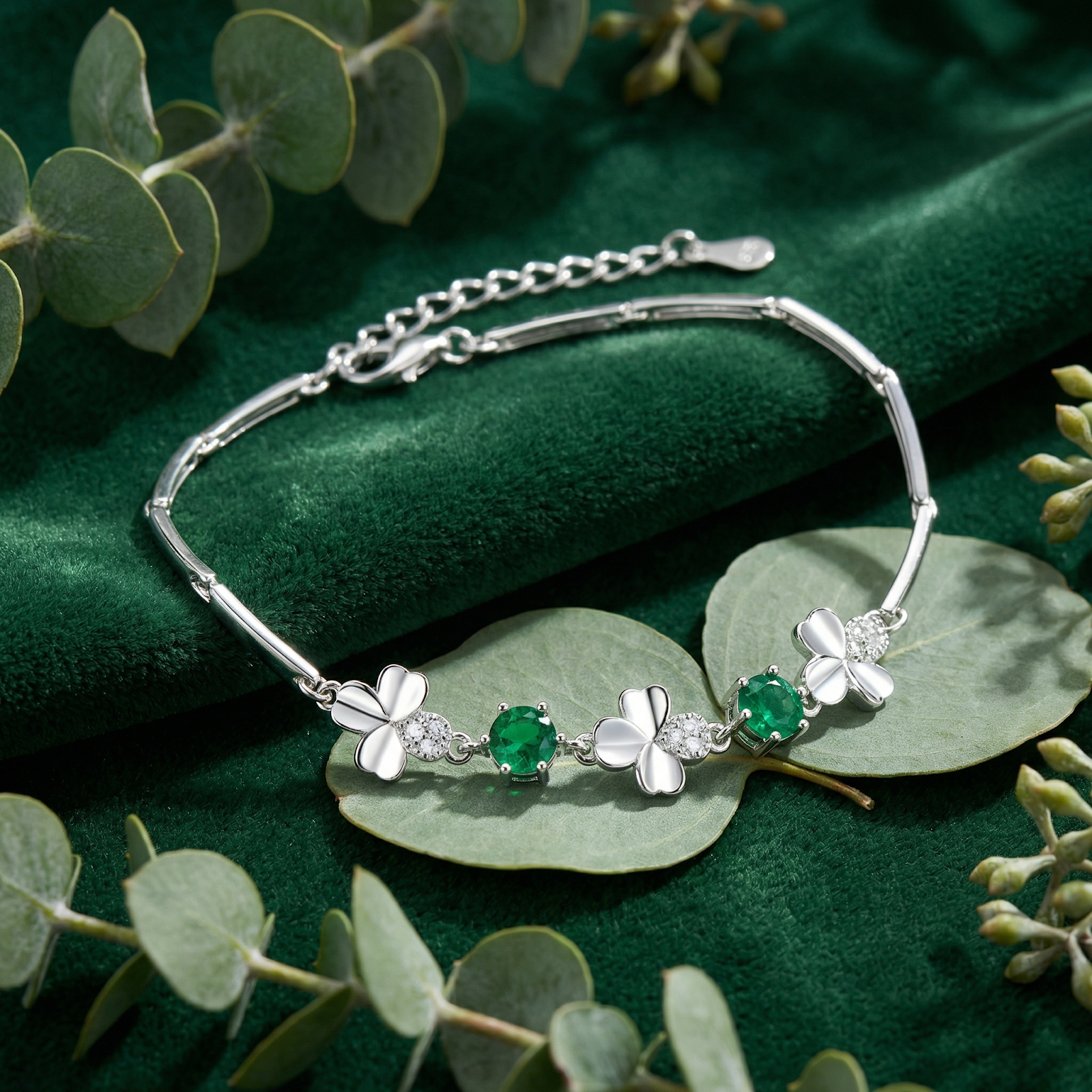 S925 sterling silver clover bracelet with round green simulated emeralds on green velvet with eucalyptus leaves.