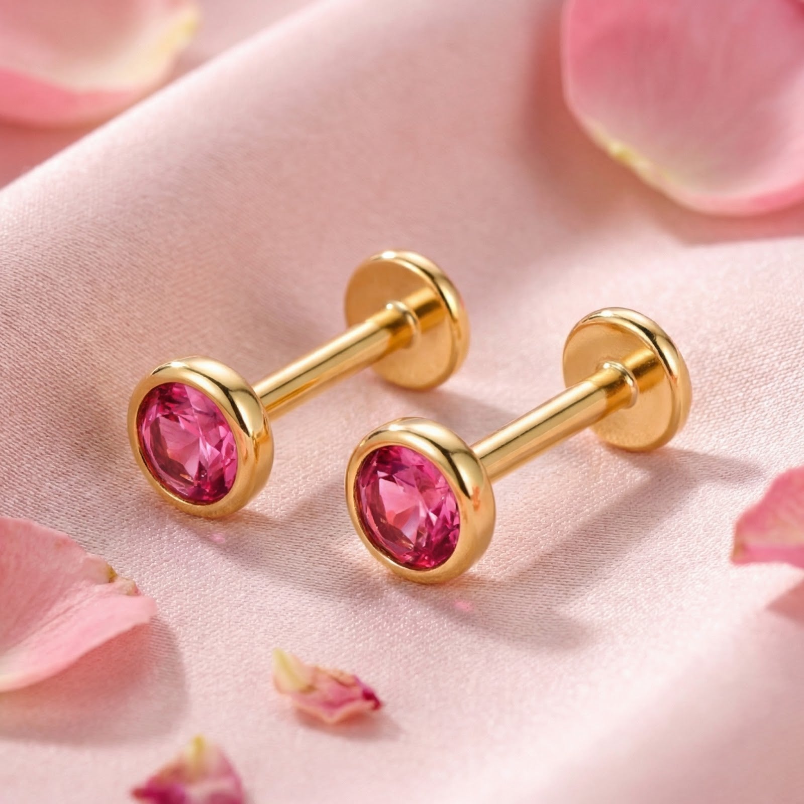 Marisel 18K gold vermeil bezel studs with pink tourmaline and flat back posts on pink silk with rose petals.