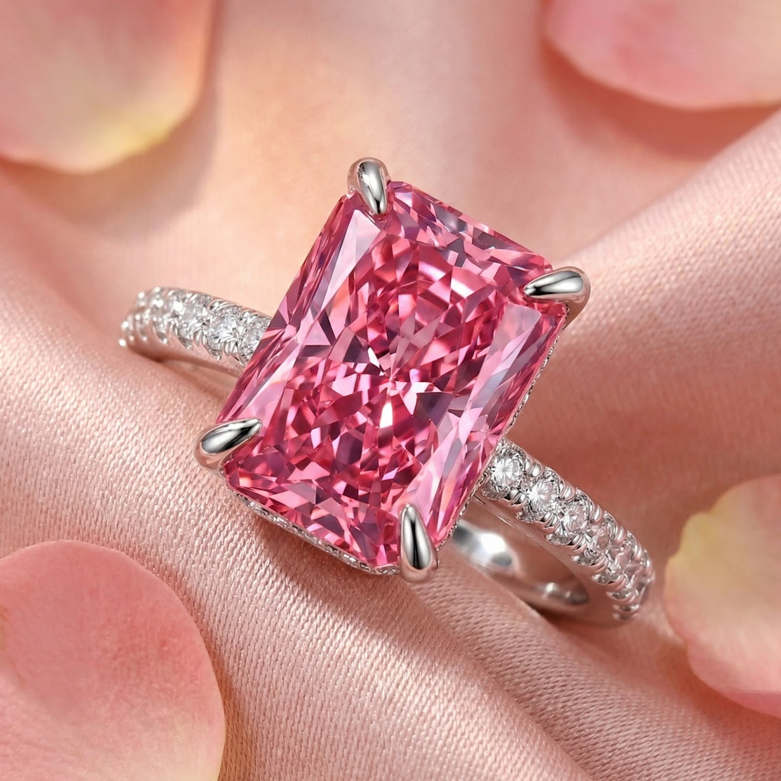 Macro view of the radiant cut simulated pink tourmaline and pavé set sterling silver band.