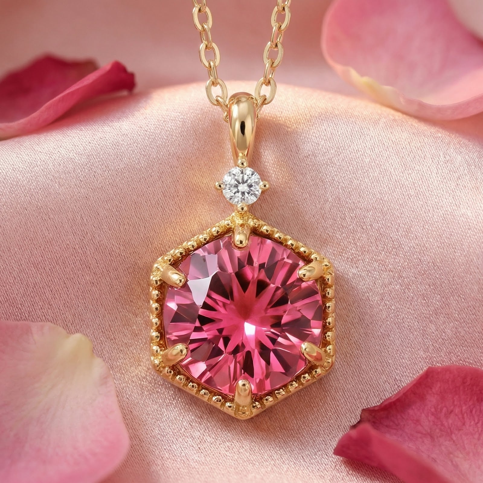 Hexagonal pink tourmaline necklace in 18K gold vermeil on pink silk with rose petals.