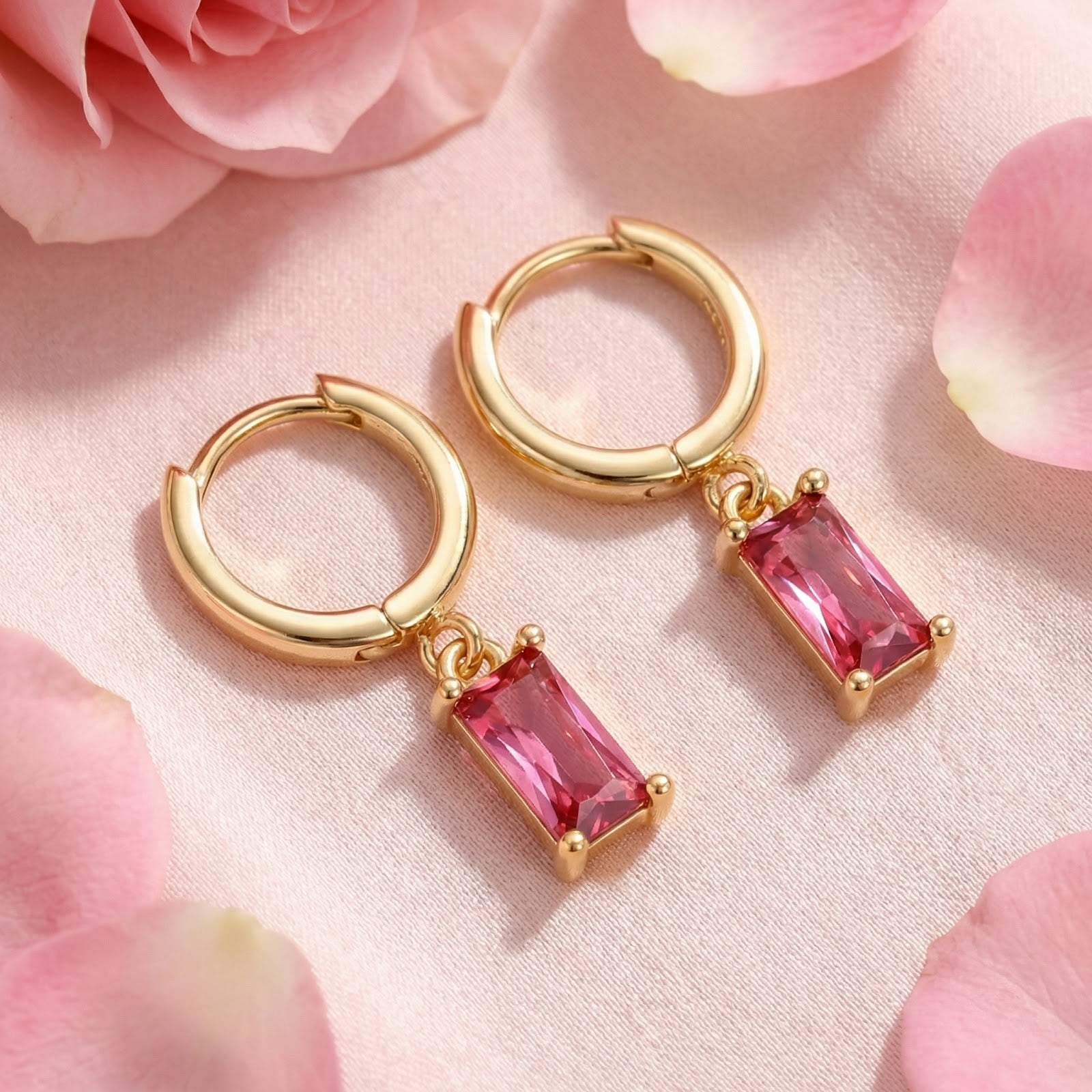 18K gold vermeil hoop earrings with emerald-cut pink tourmaline drops on pink fabric with rose petals.