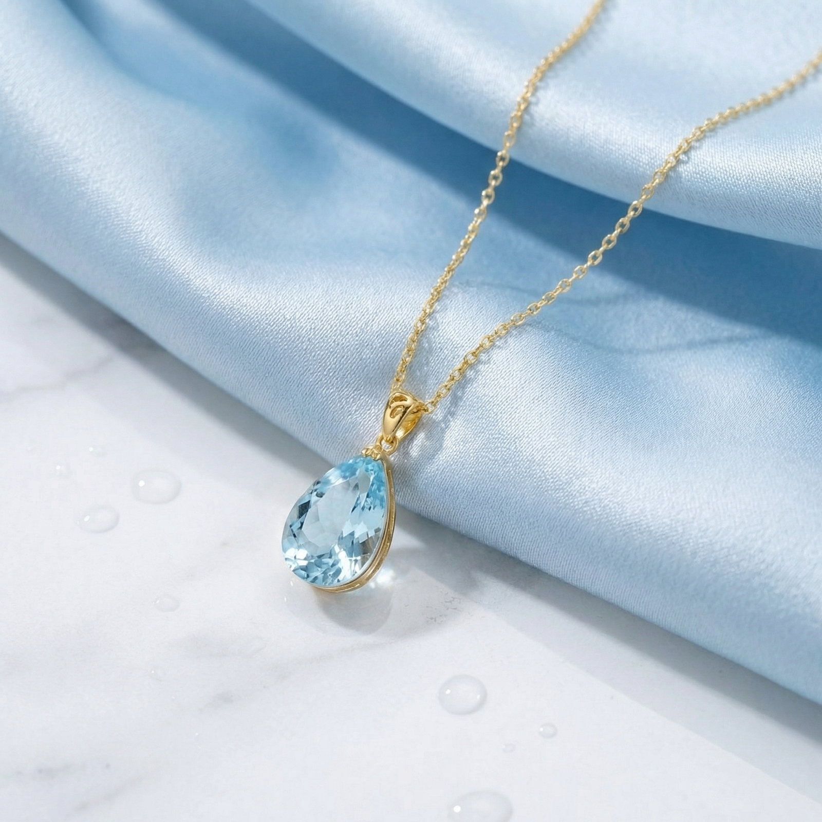 Side view of a pear cut simulated aquamarine necklace in 18K gold vermeil on blue silk fabric.