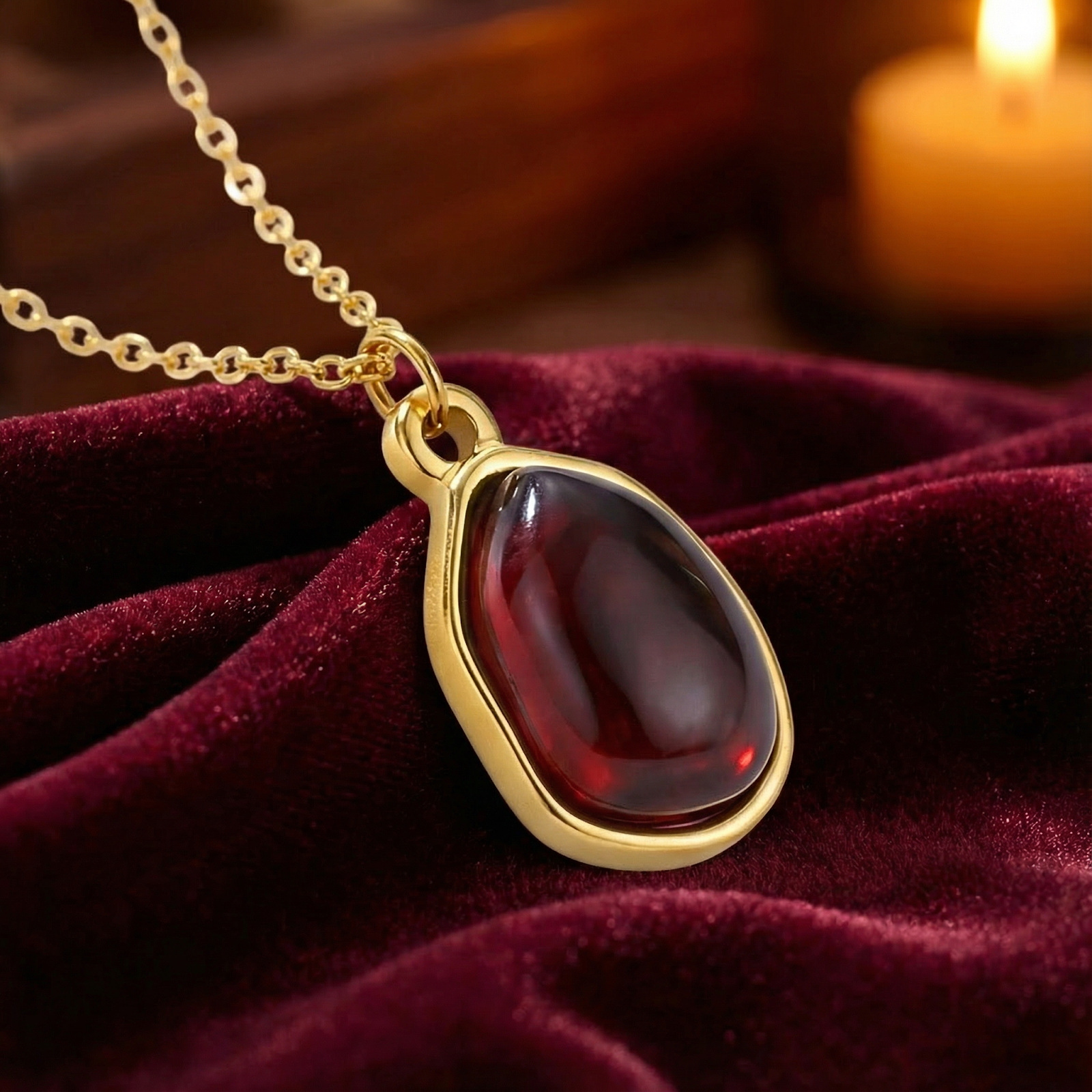 Teardrop simulated garnet necklace in 18K gold finish on red velvet with a candle background.