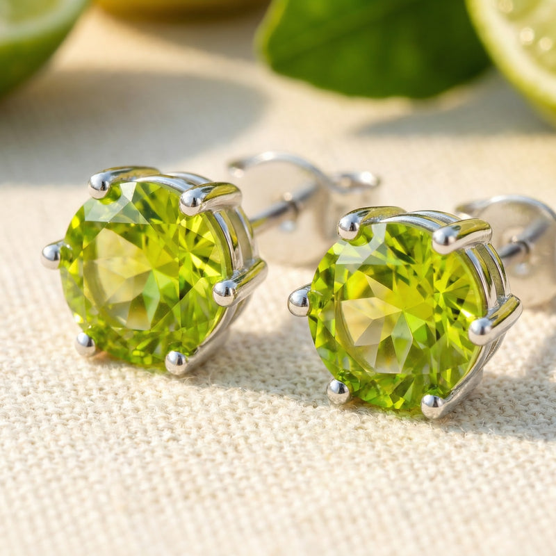 Macro view of round-cut simulated peridot stones in 925 sterling silver prong settings.