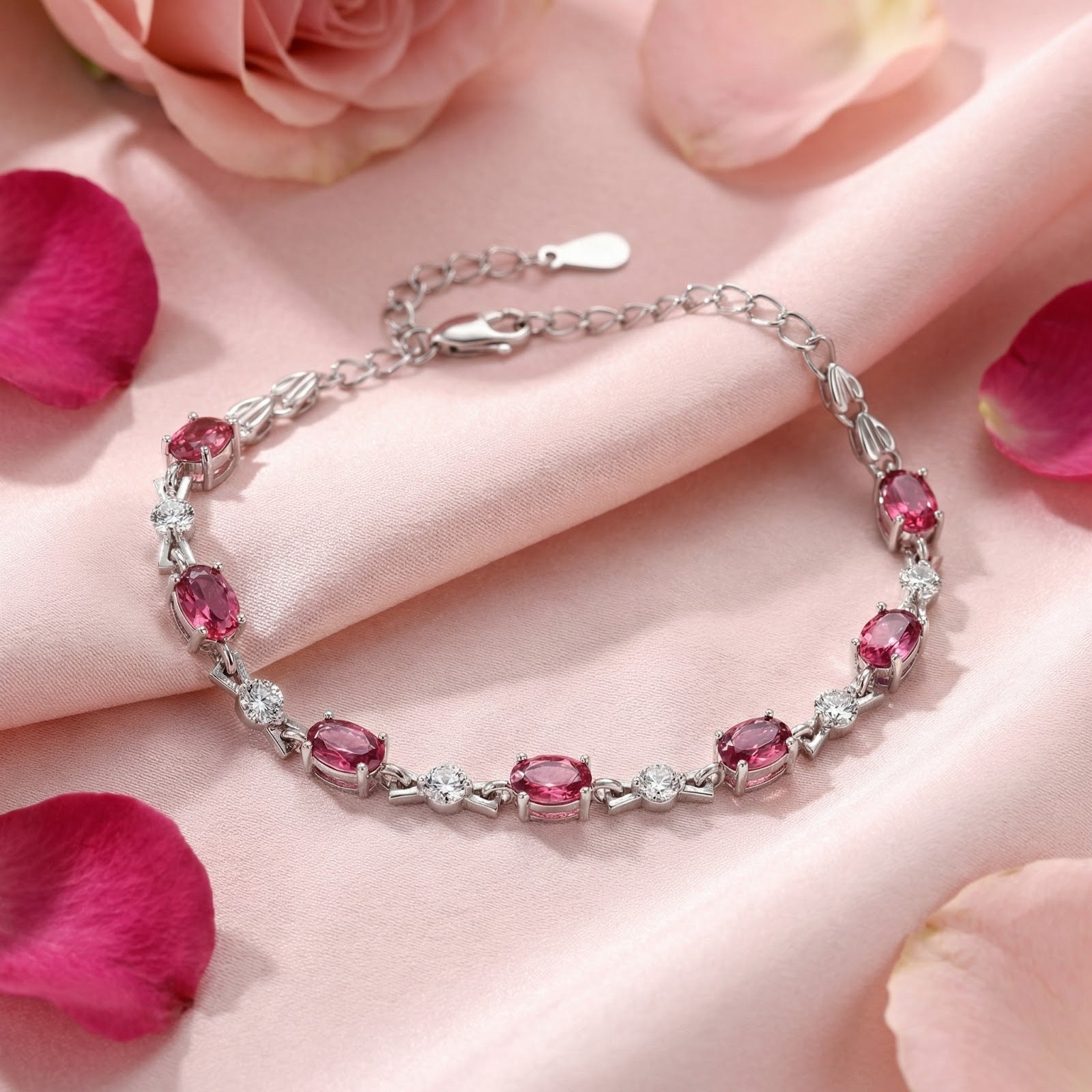 Oval simulated pink tourmaline bracelet in S925 sterling silver on pink silk with rose petals.
