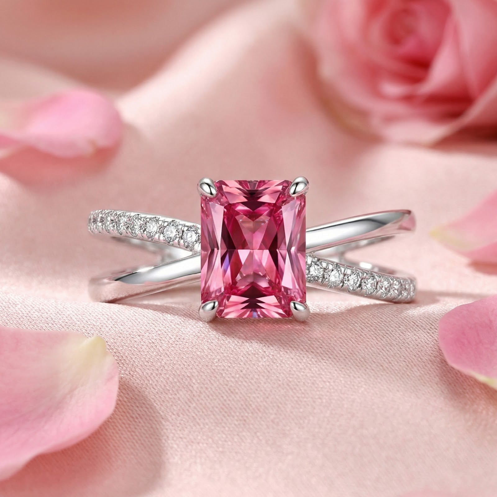 Radiant-cut pink tourmaline ring in S925 sterling silver with a crossover band on a pink rose petal background.