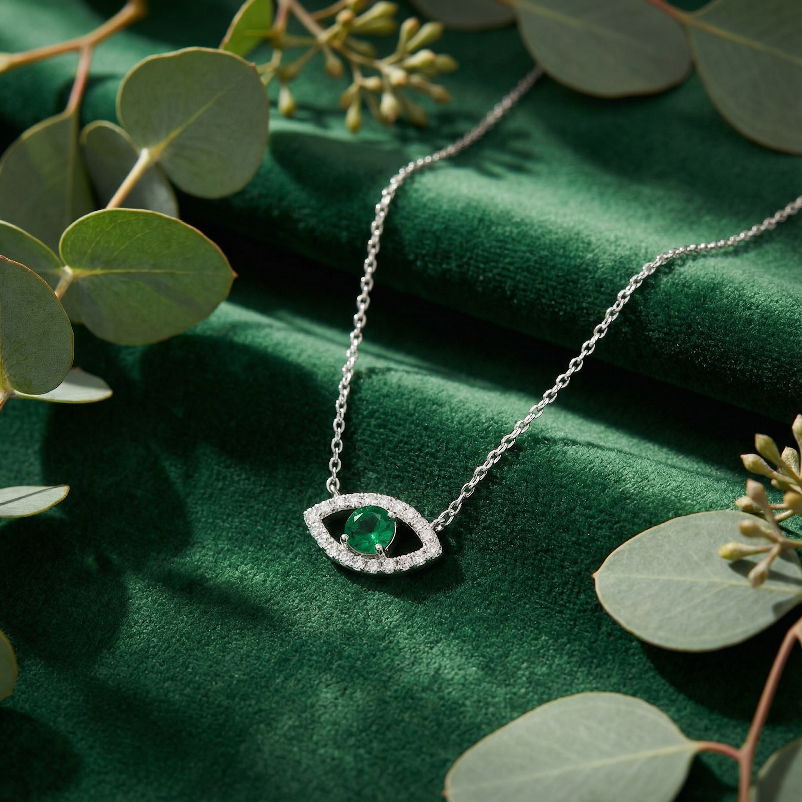 S925 sterling silver evil eye necklace with a round simulated emerald center, styled with green leaves.