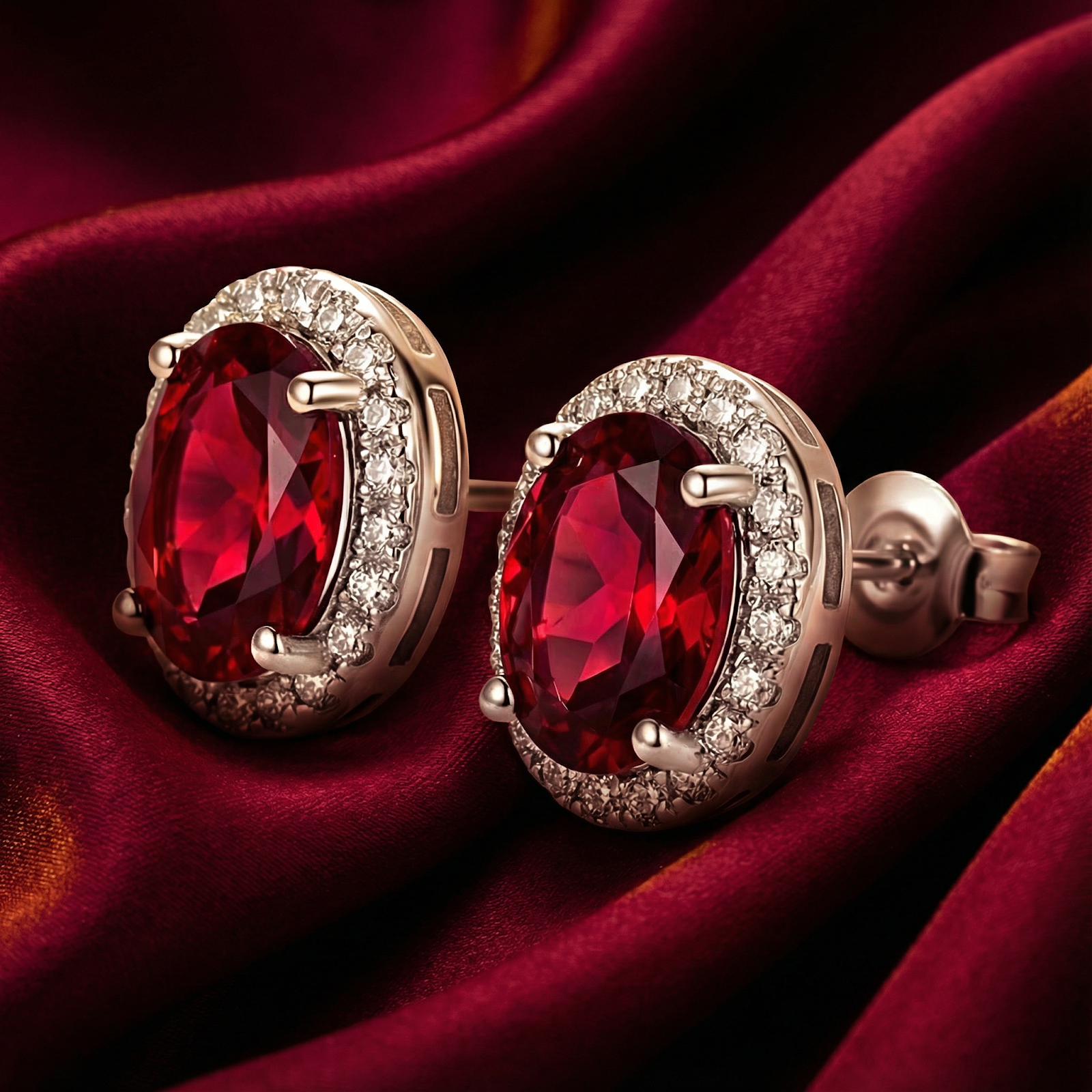 Macro view of oval simulated ruby halo studs in sterling silver showing the side setting and butterfly backs.