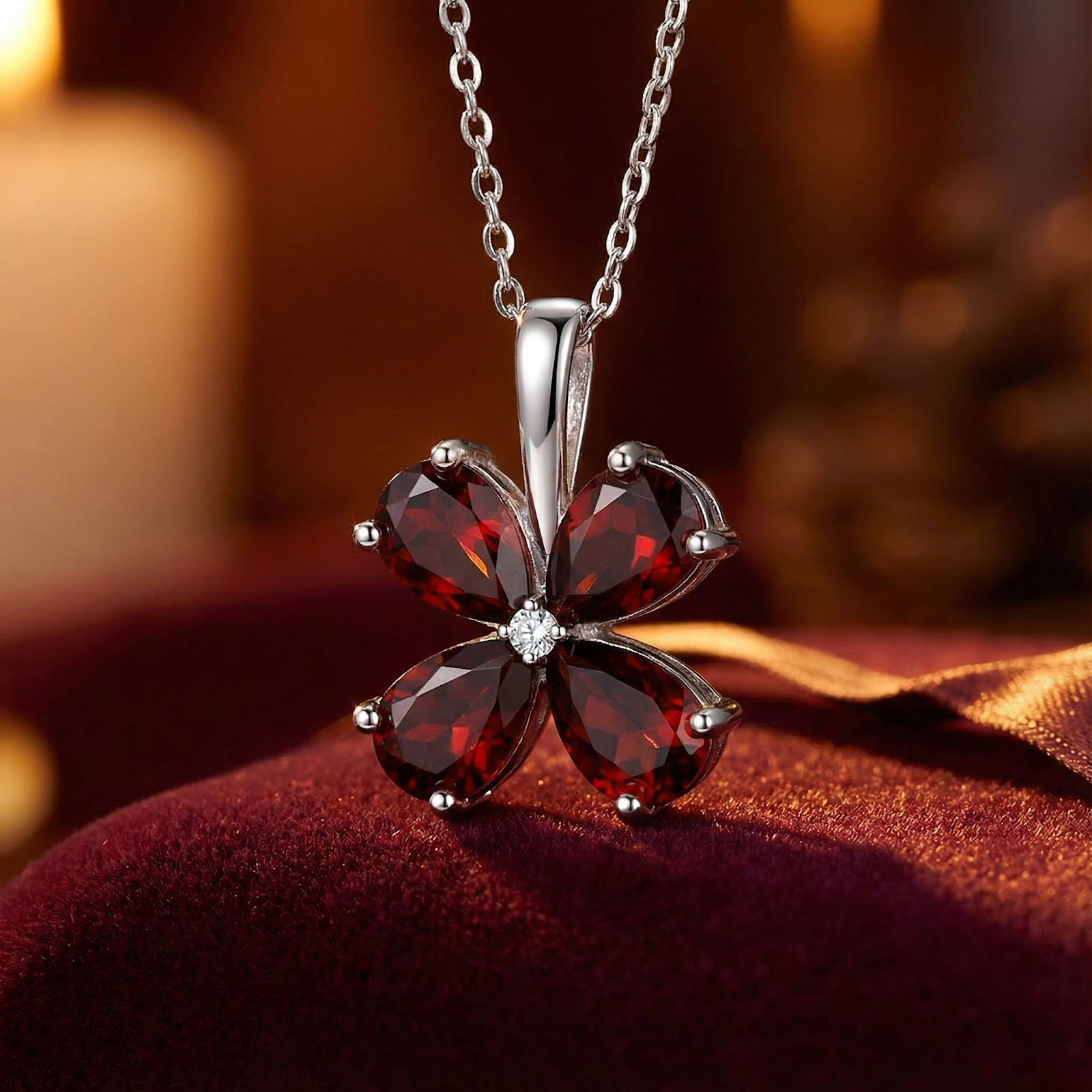 Angled close-up of a sterling silver clover pendant showing the deep red simulated garnets and center stone.