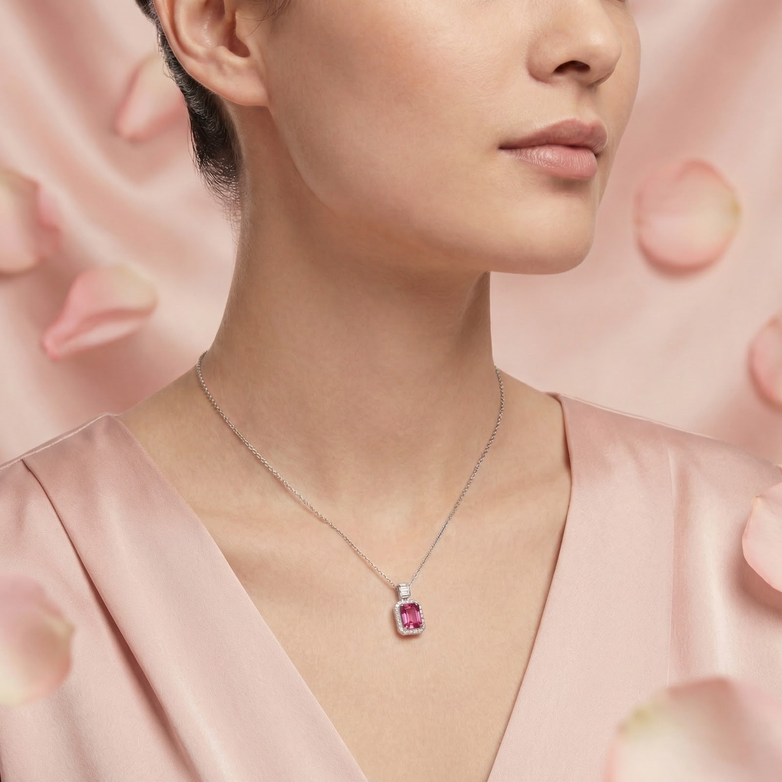 Woman wearing a sterling silver necklace featuring a vivid raspberry emerald cut pink tourmaline pendant.