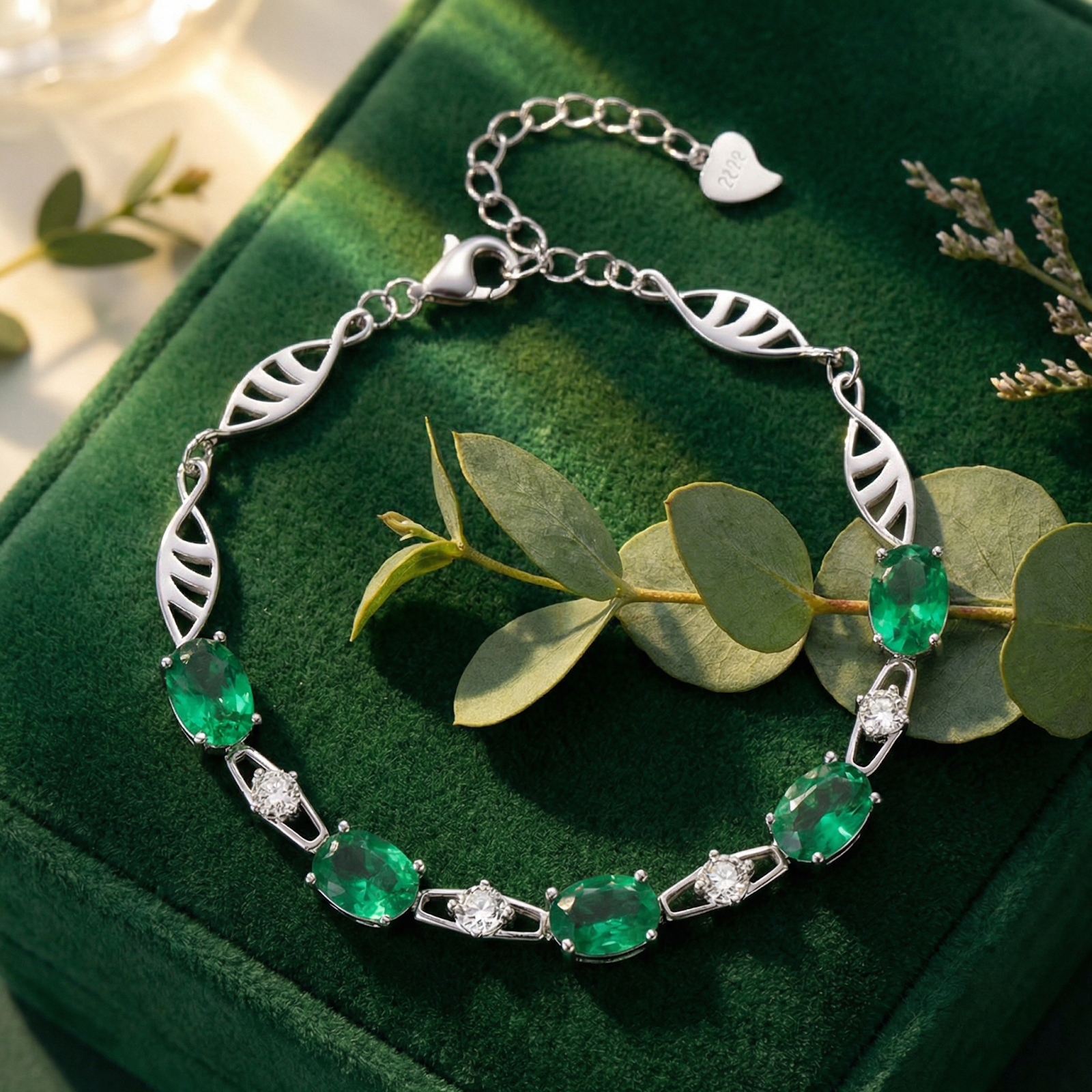 Silver station bracelet with oval-cut simulated emeralds on a green velvet box with decorative leaves.