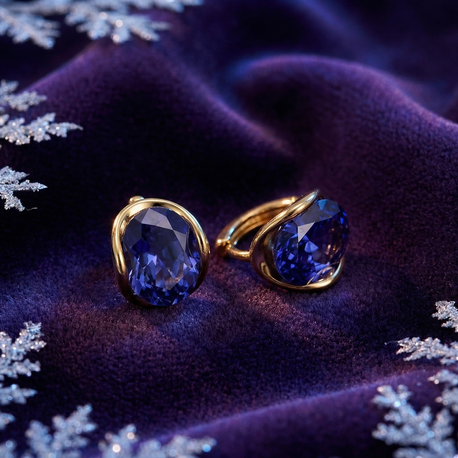 Oval cut simulated tanzanite stud earrings in 18K gold vermeil on purple velvet with snowflakes.