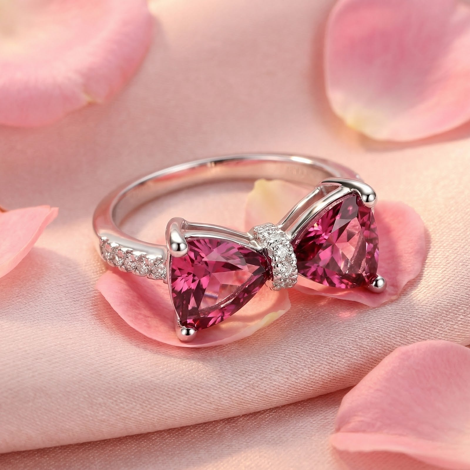Macro view of the sterling silver bow ring featuring trillion-cut simulated pink tourmaline stones.