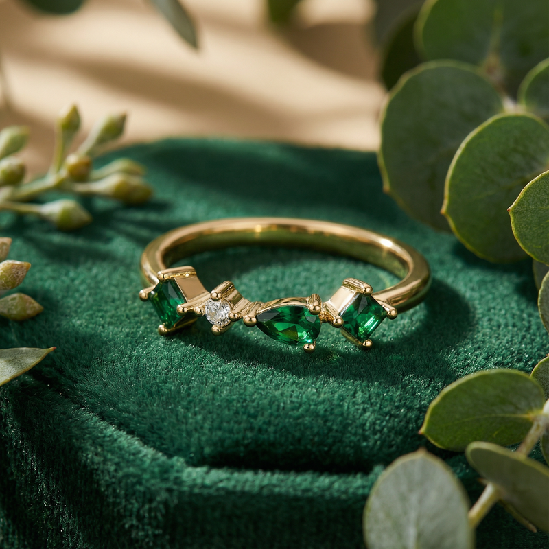 Close-up of Eldora ring showing multi-shape simulated emerald cluster in 18K gold vermeil setting.