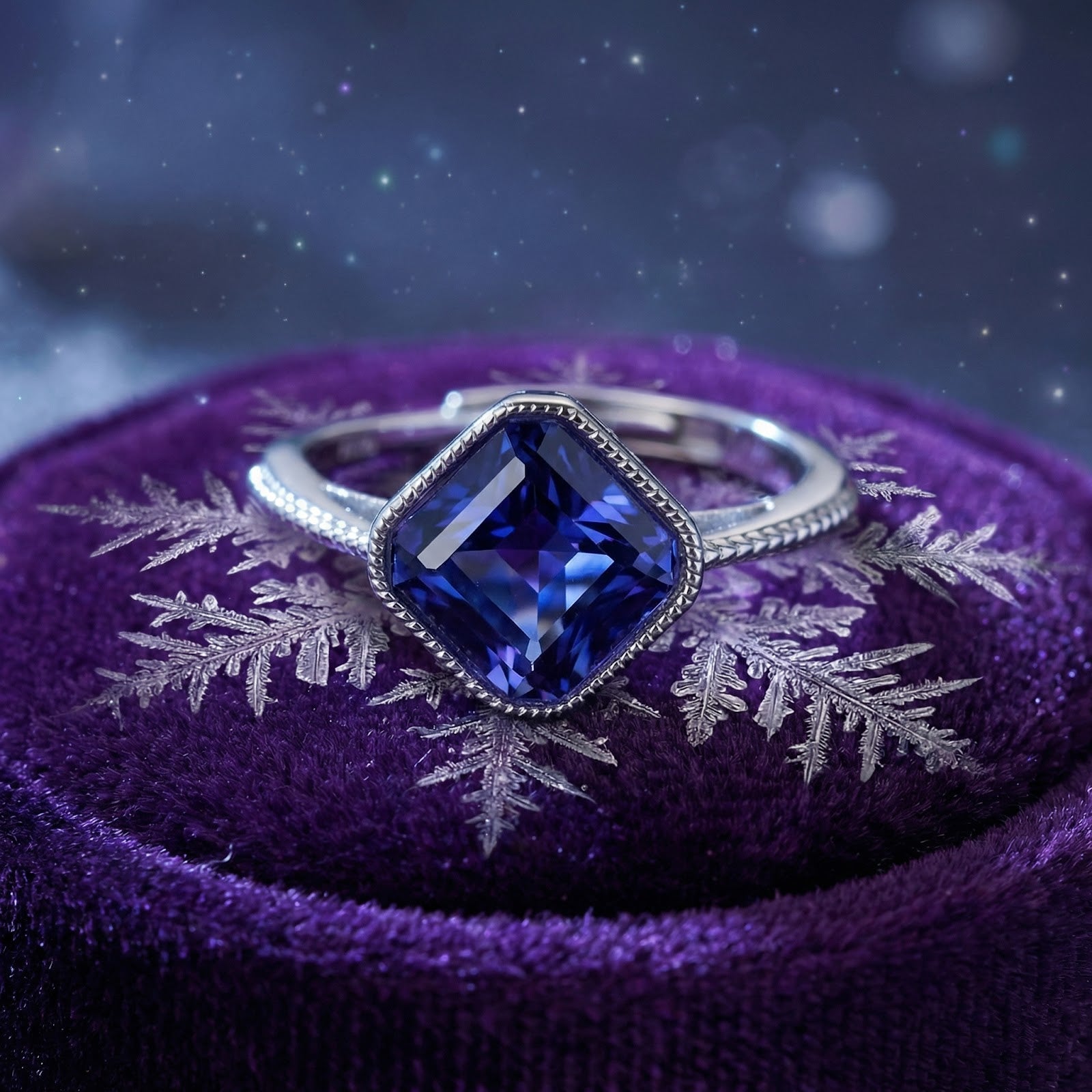 Aurellise silver ring with square-cut simulated tanzanite on purple velvet with a snowflake.