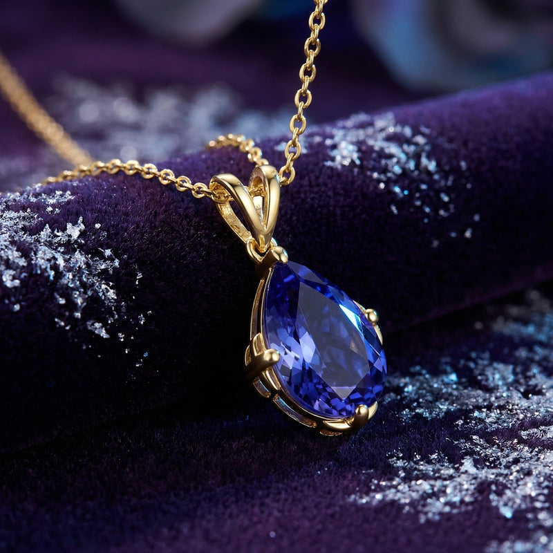 Close-up side view of the gold vermeil setting and teardrop-cut simulated tanzanite pendant on velvet.