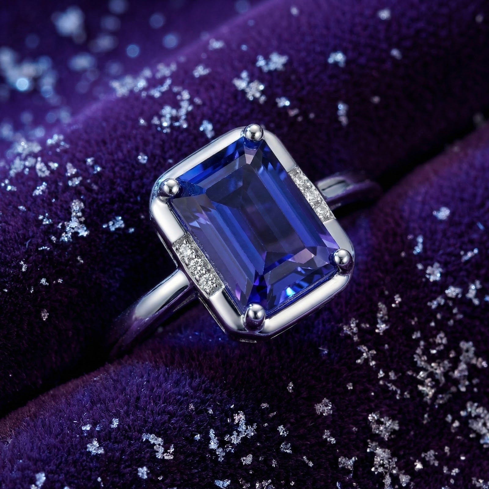 Close-up of an emerald-cut simulated tanzanite stone and side accents in a solid 925 sterling silver ring.