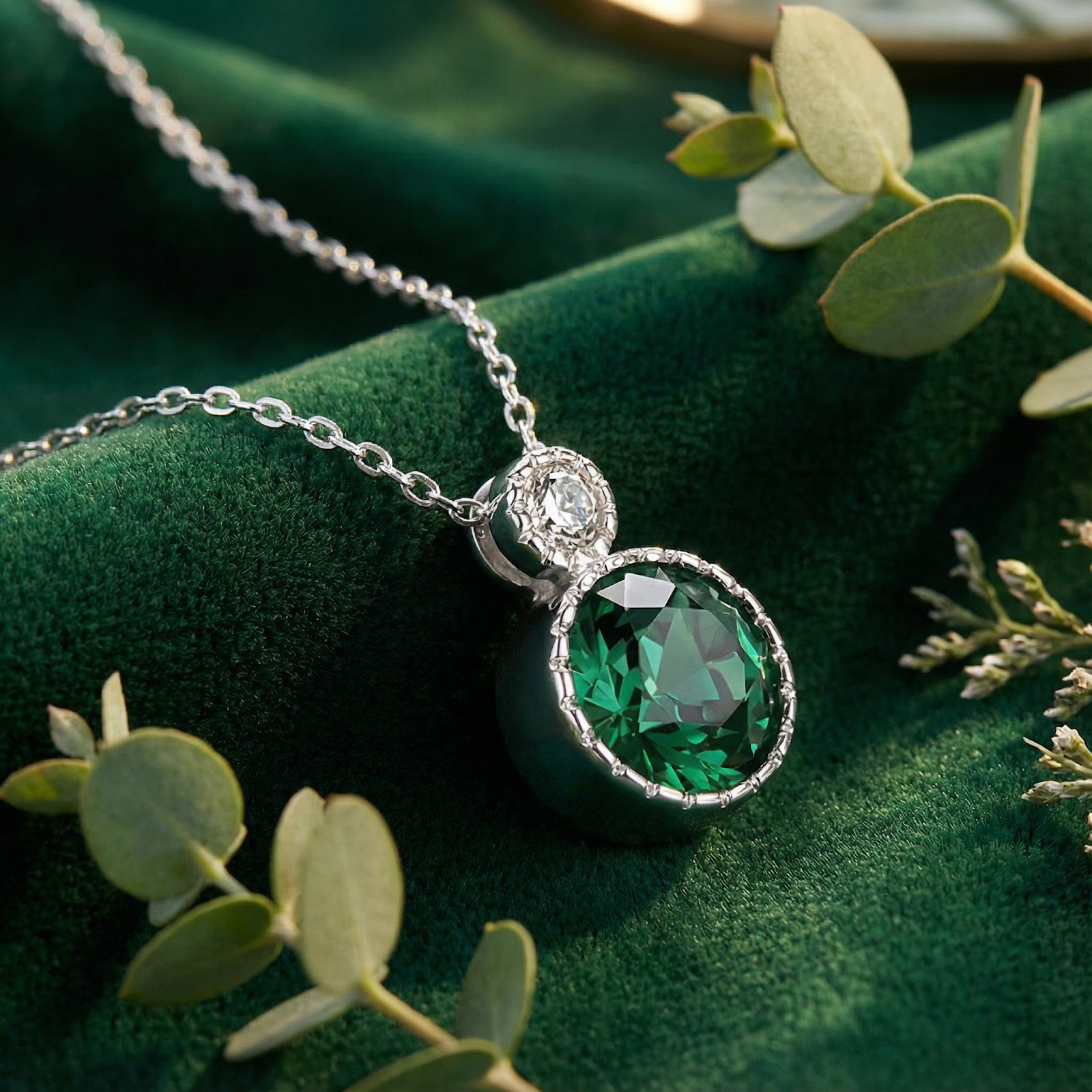 Round-cut simulated emerald drop necklace in sterling silver on green velvet with eucalyptus leaves.