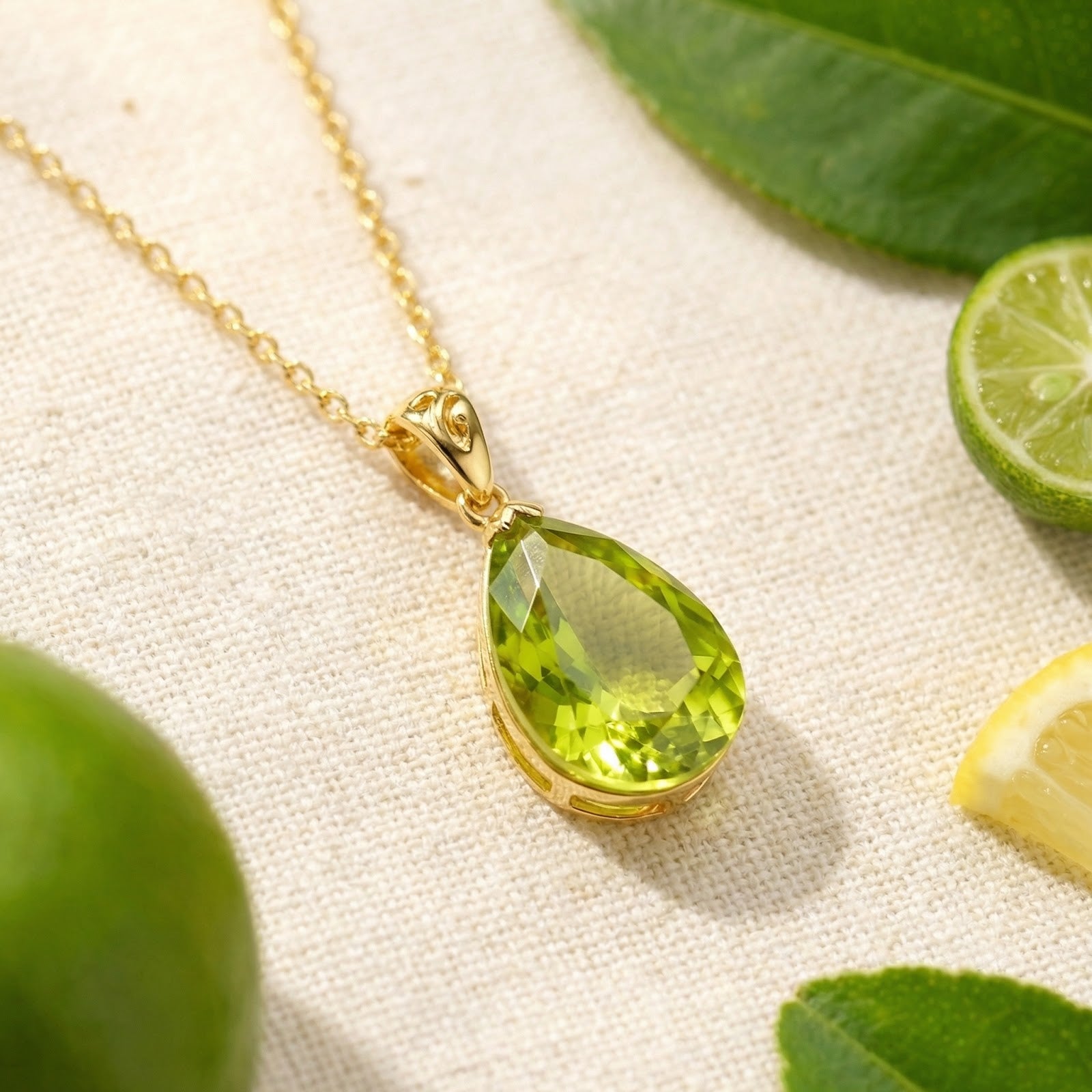 Close-up of a pear cut simulated peridot pendant in an 18K gold vermeil setting on textured fabric.