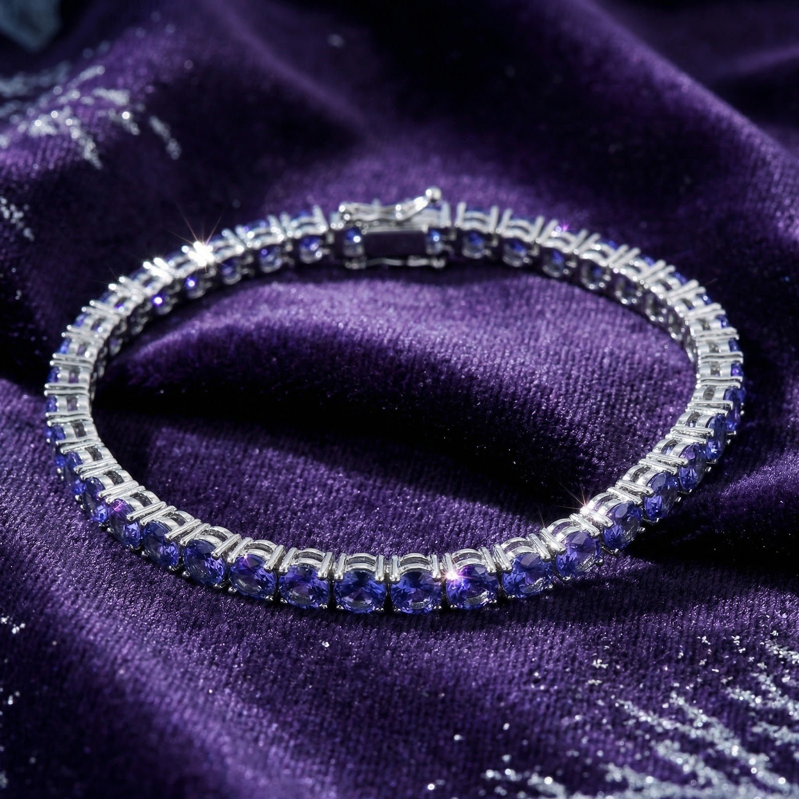 Stainless steel tennis bracelet with round cut simulated tanzanite stones on a purple velvet background.