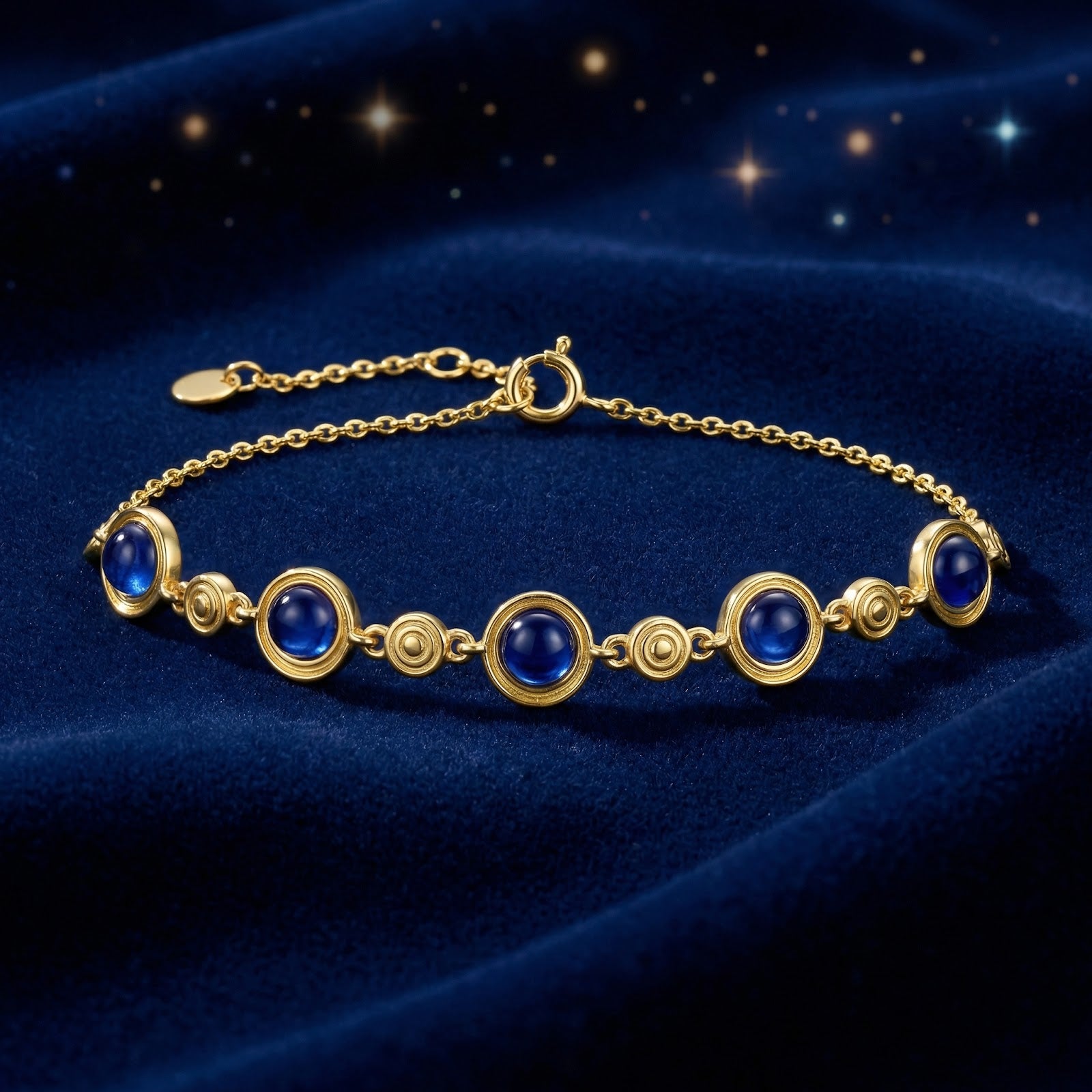 18K gold vermeil station bracelet with round cabochon simulated sapphires on a blue velvet background.