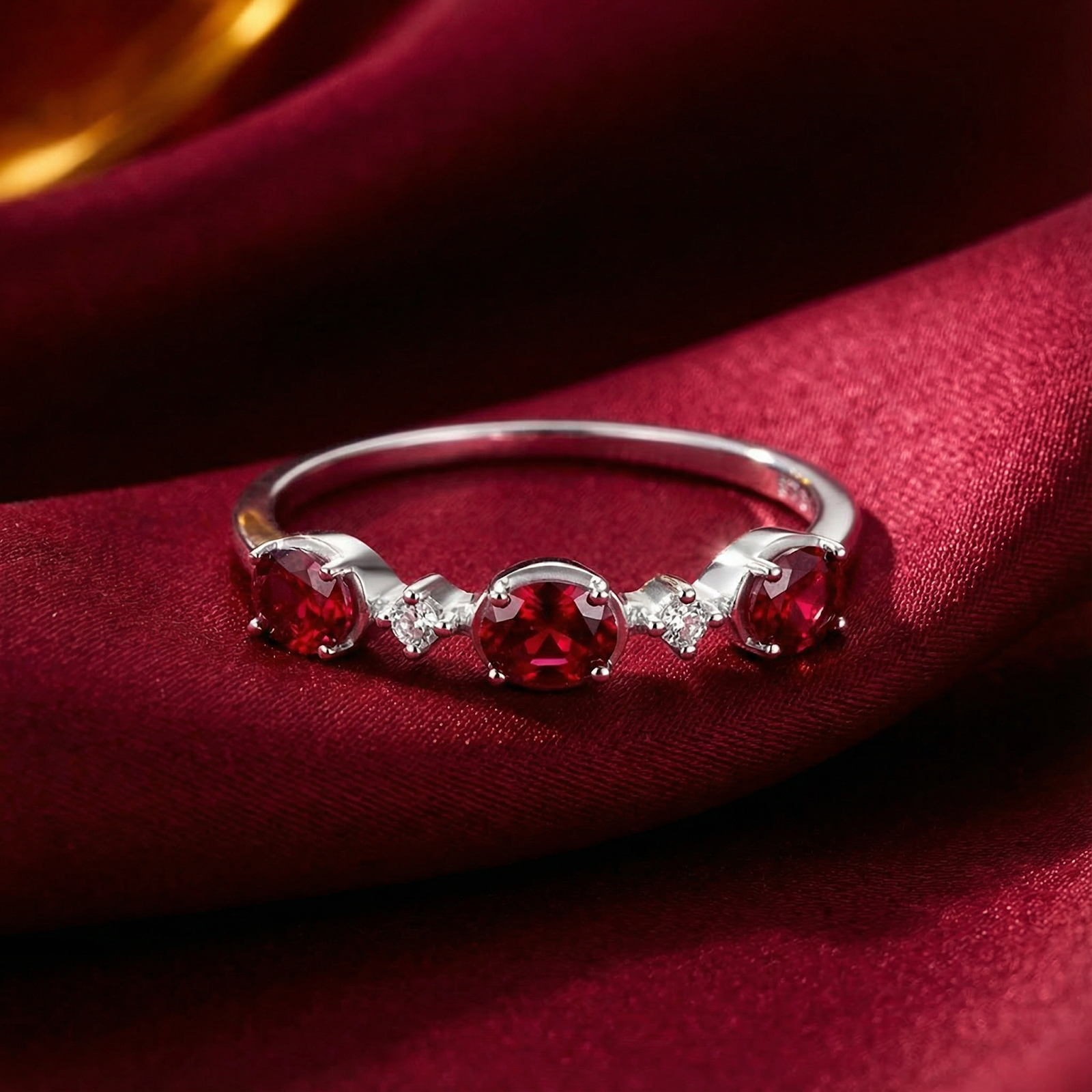 Thalaraea S925 sterling silver ring with round-cut simulated rubies on a red silk background.