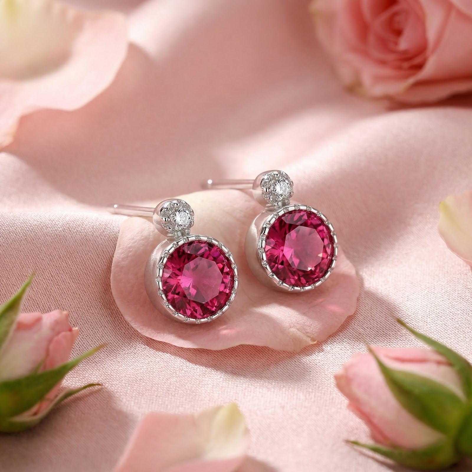 Round cut simulated pink tourmaline studs in sterling silver on pink silk with rose petals.