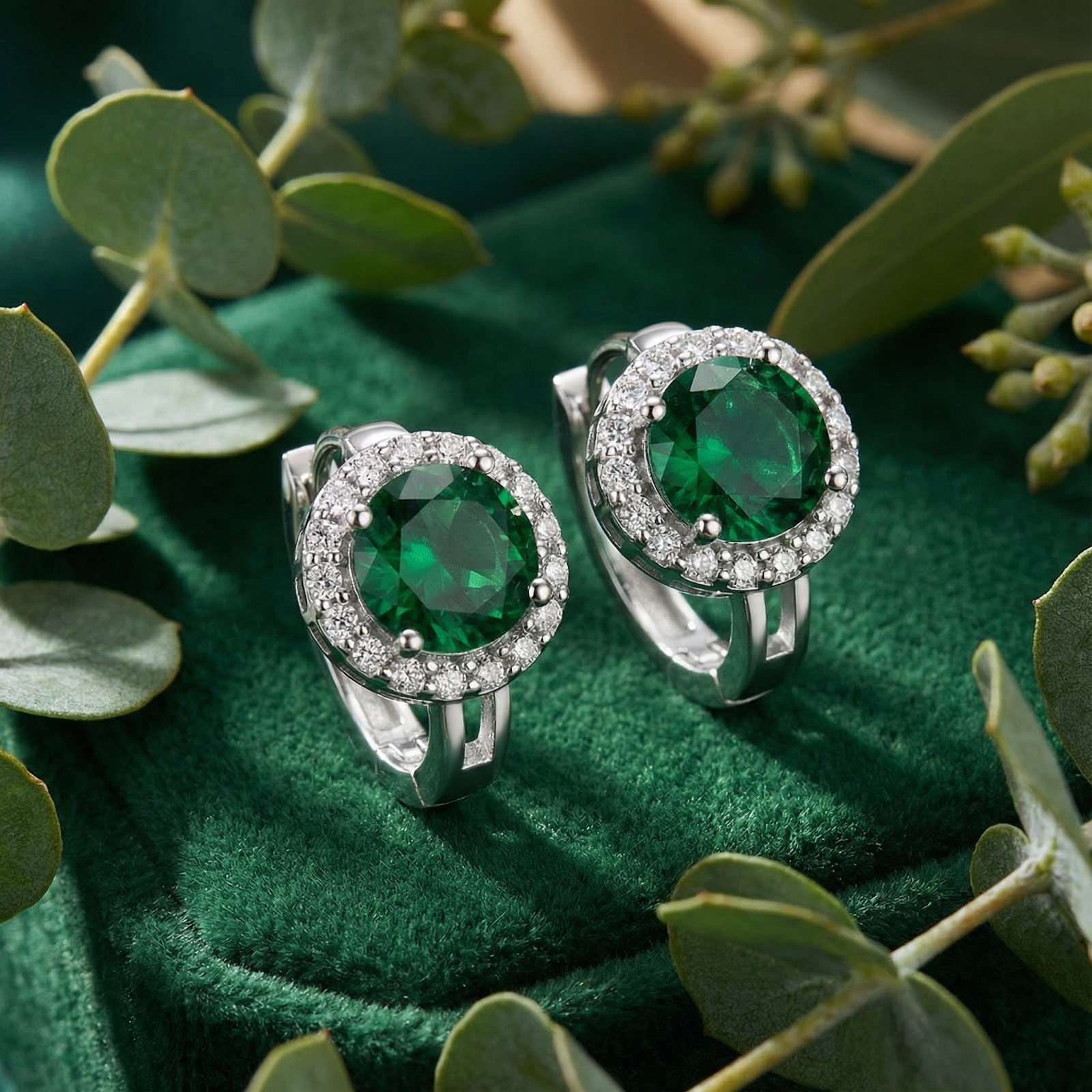 Green round moissanite halo earrings in sterling silver on green velvet with eucalyptus leaves.