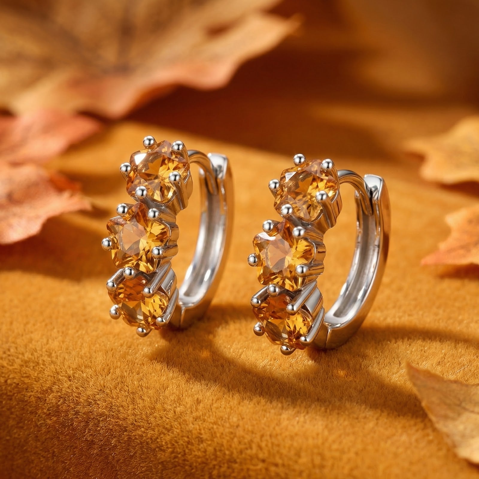 Aurellise sterling silver huggie earrings with three honeyed simulated topaz stones on an autumn leaf background.