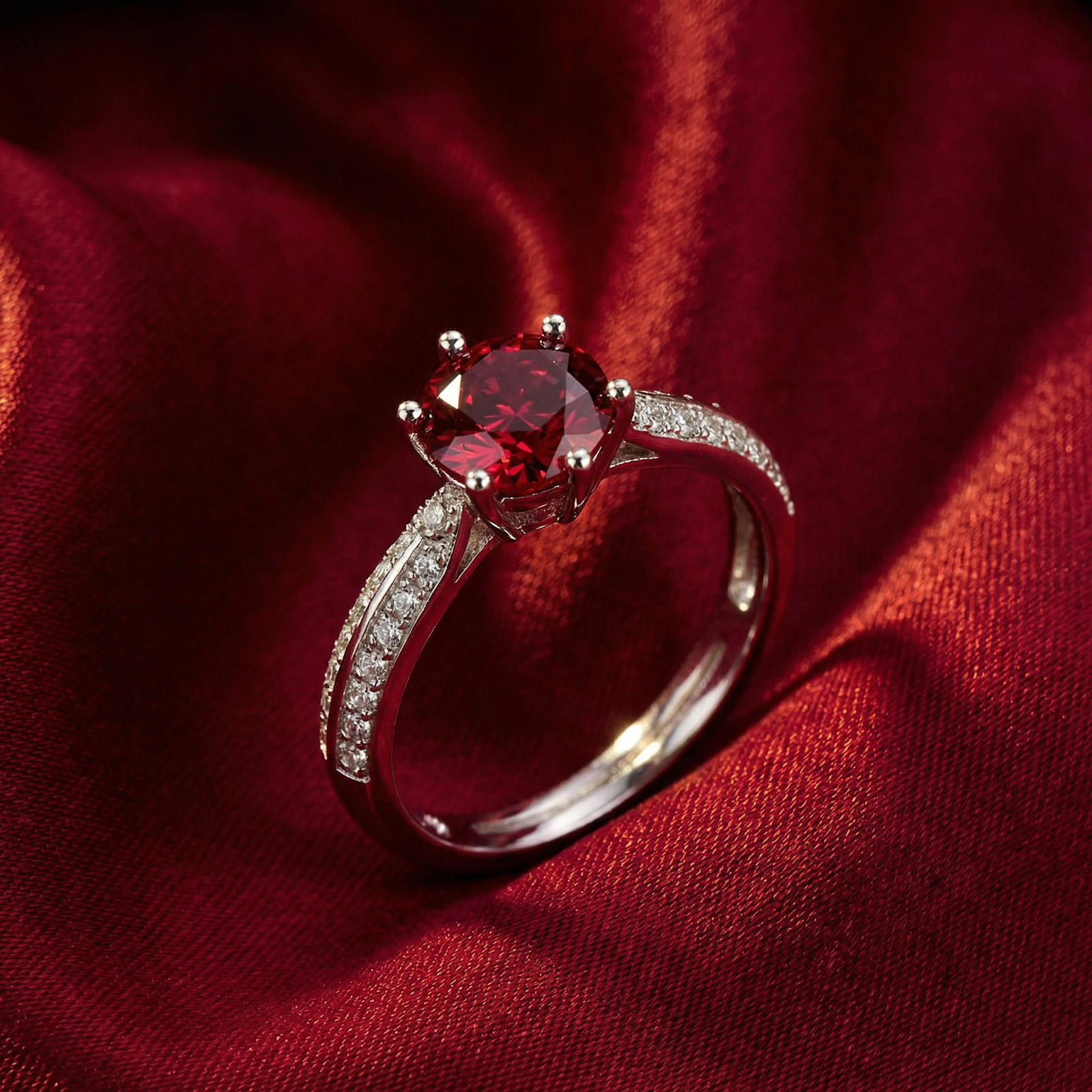 Round cut pigeon blood simulated ruby solitaire ring in sterling silver on a red silk background.