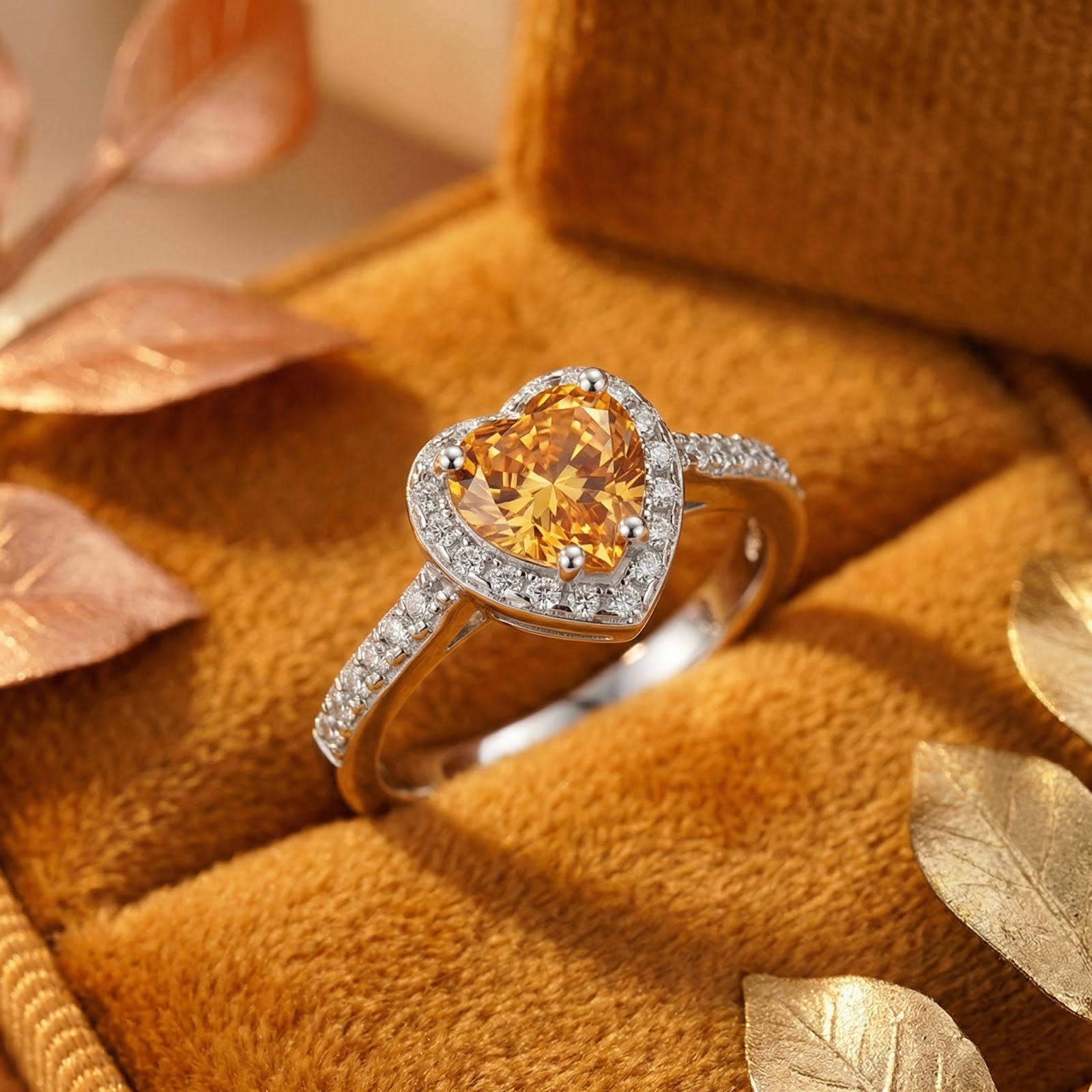 Heart-cut honeyed simulated topaz halo ring in S925 sterling silver on a golden velvet surface.