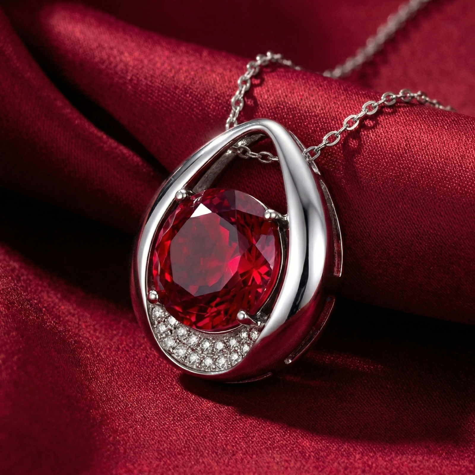 Round pigeon blood simulated ruby pendant in a pear-shaped sterling silver frame on red silk.