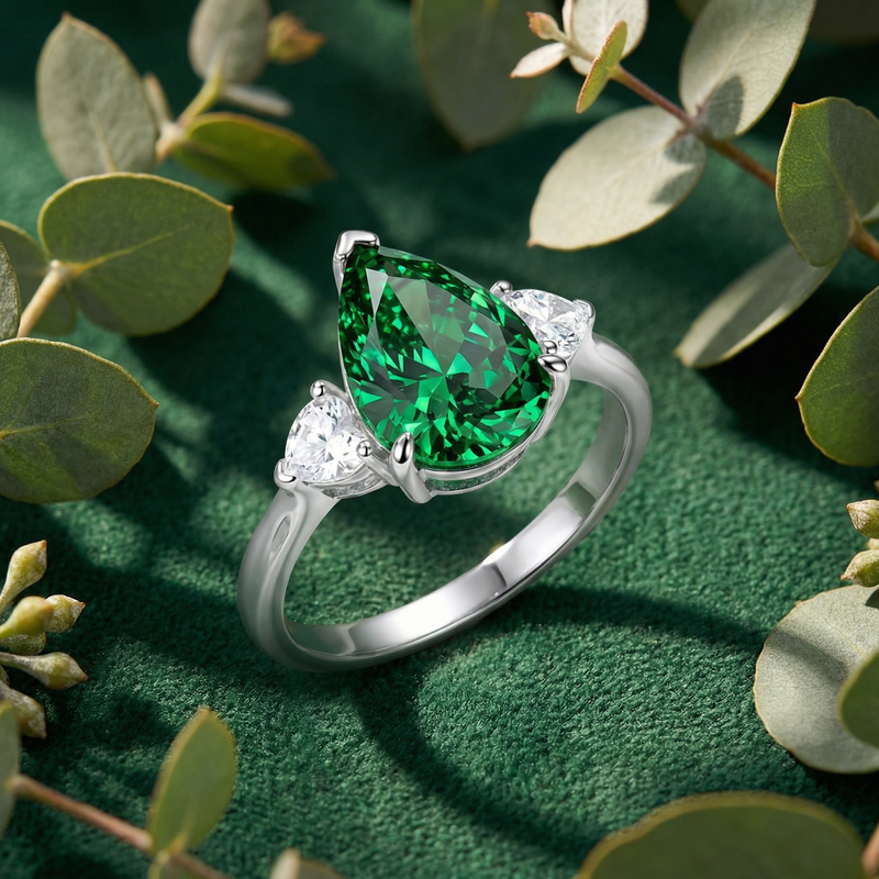 Angled view of a pear shaped simulated emerald silver ring with trillion side stones and eucalyptus leaves.