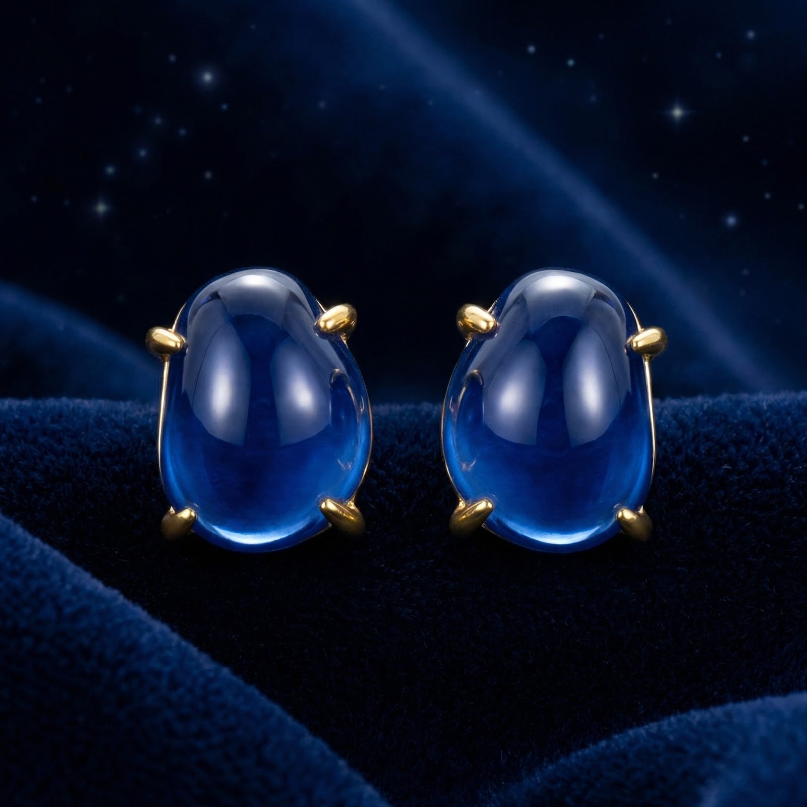 Cabochon simulated sapphire stud earrings in 18K gold vermeil on a dark blue velvet background.