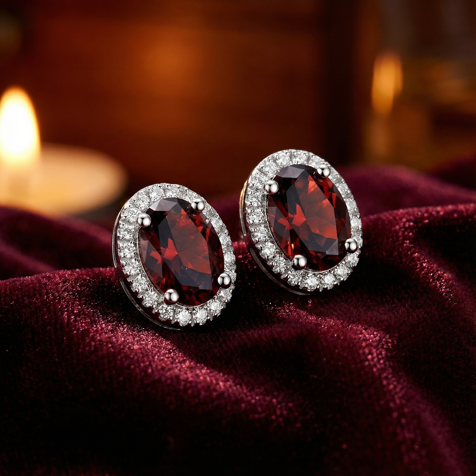 Oval cut simulated garnet halo stud earrings in sterling silver on a dark red velvet background.