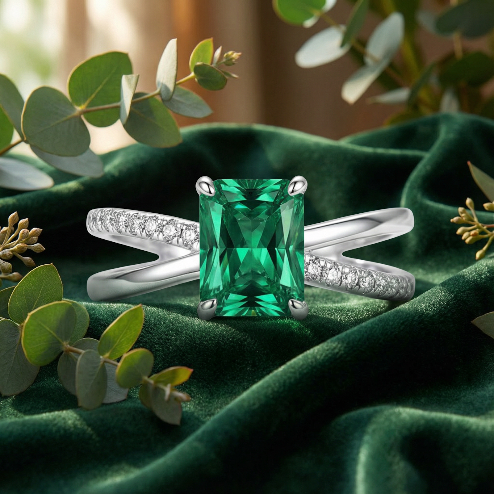 The Sylvana Twist Ring in S925 sterling silver with an emerald cut green simulated emerald on green velvet.