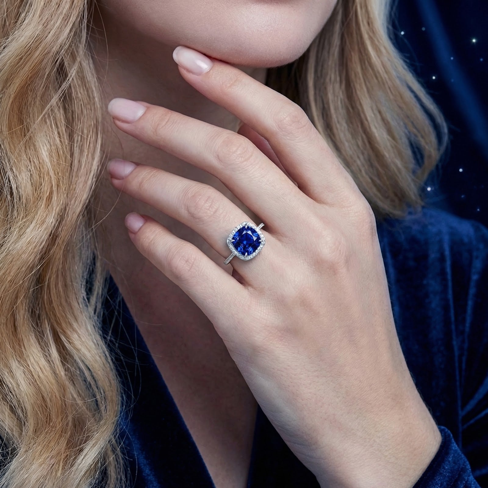 Woman wearing the Myrielle cushion-cut simulated sapphire halo ring in sterling silver on her finger.
