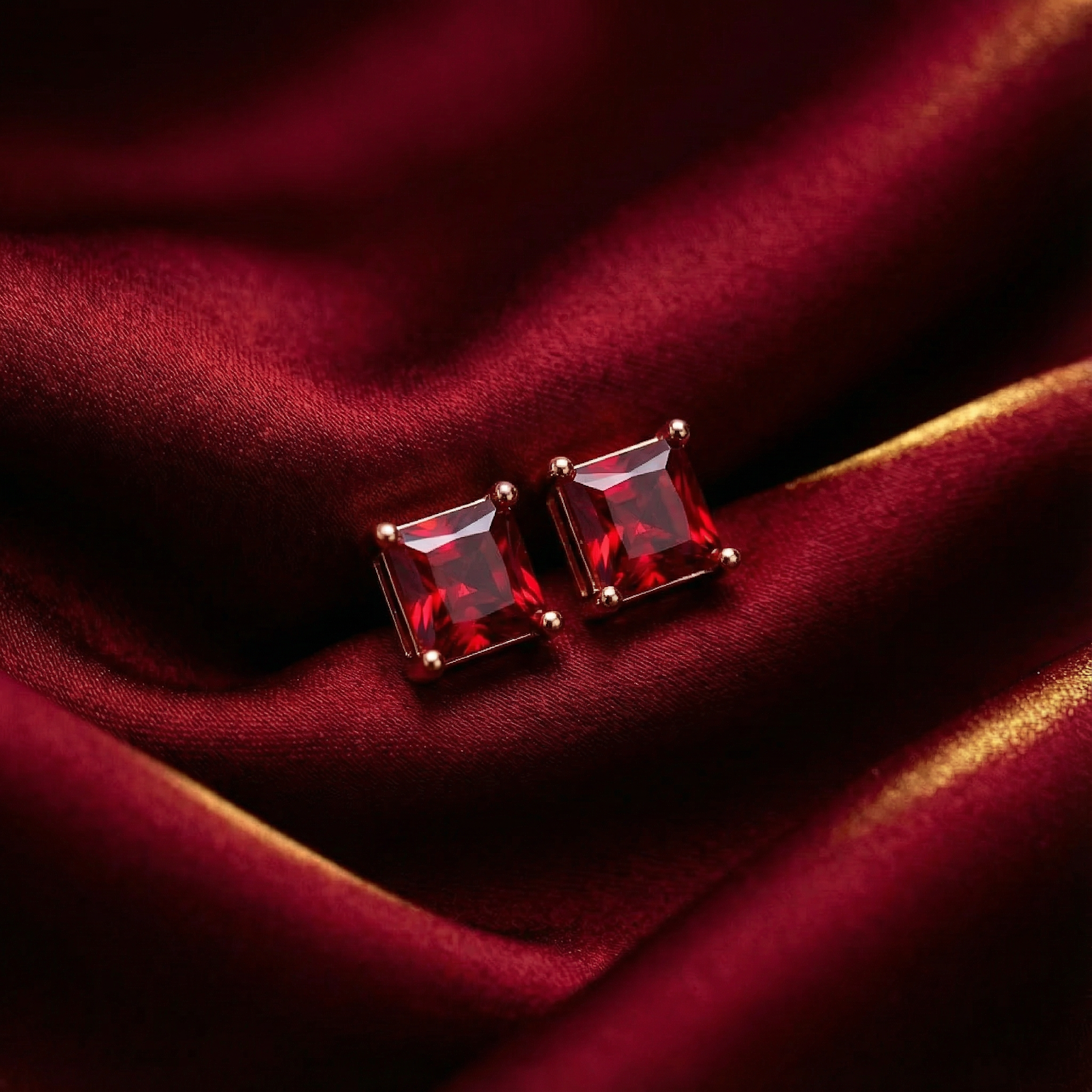 Square cut simulated ruby stud earrings in 18K rose gold vermeil on draped red silk fabric.