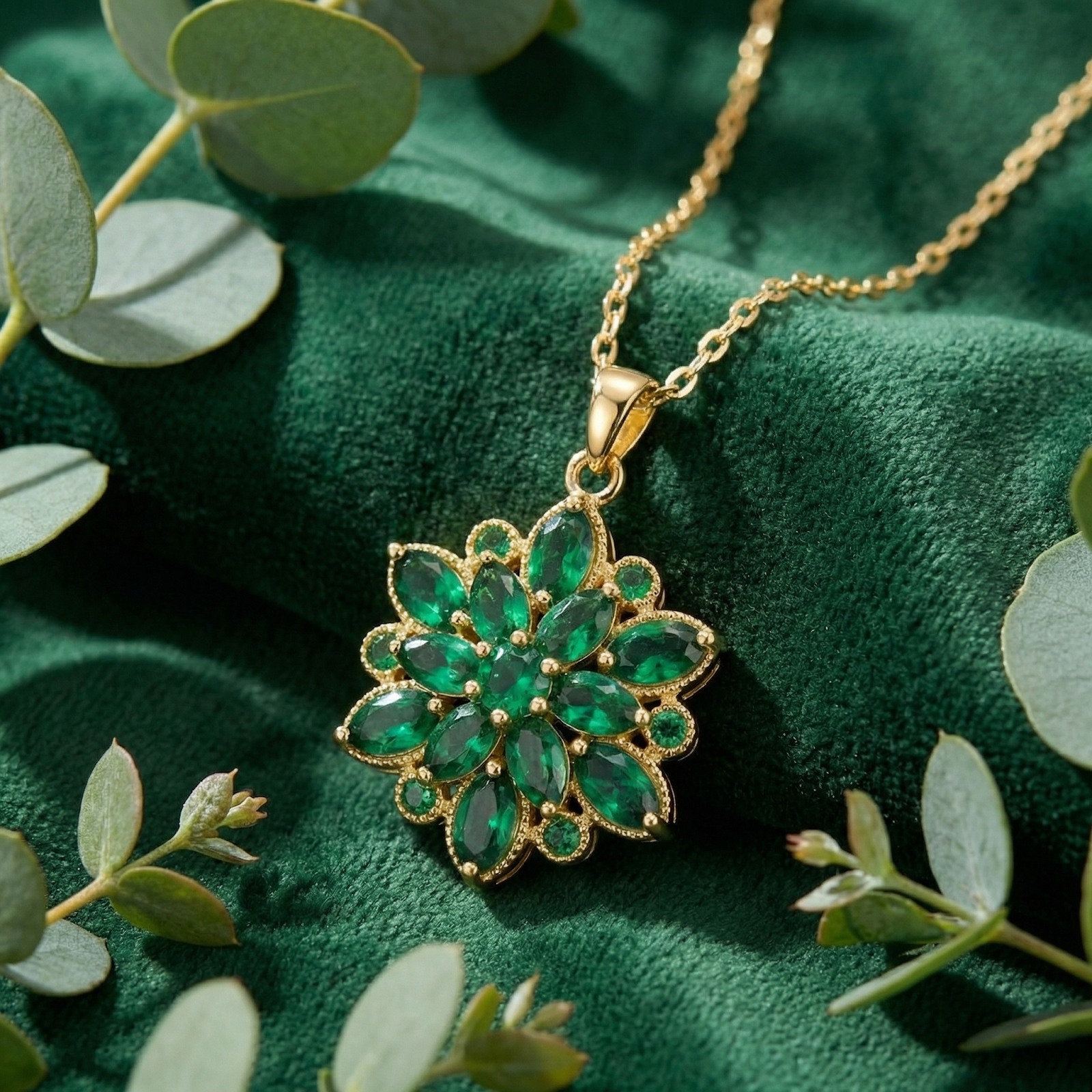 Macro shot of marquise-cut simulated emeralds in a gold-finished stainless steel flower pendant on green velvet.