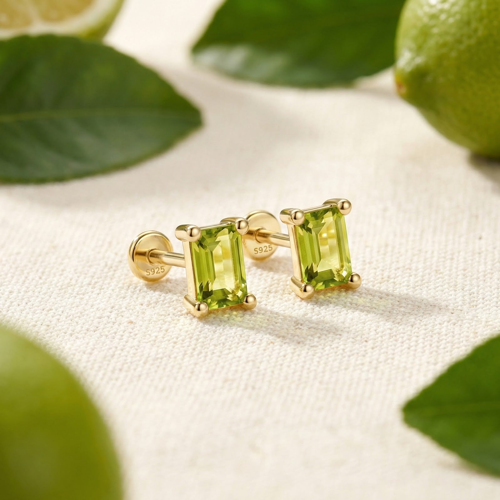 Emerald cut simulated peridot stud earrings in 18K gold vermeil on a textured surface with limes.