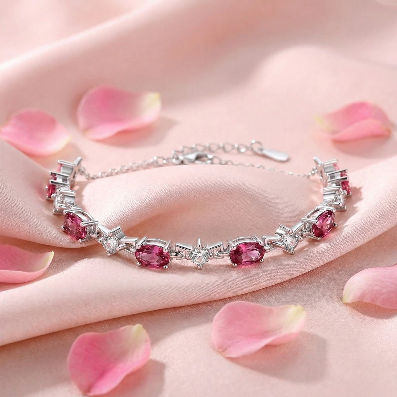 Oval pink tourmaline and sterling silver tennis bracelet styled on pink silk fabric with flower petals.