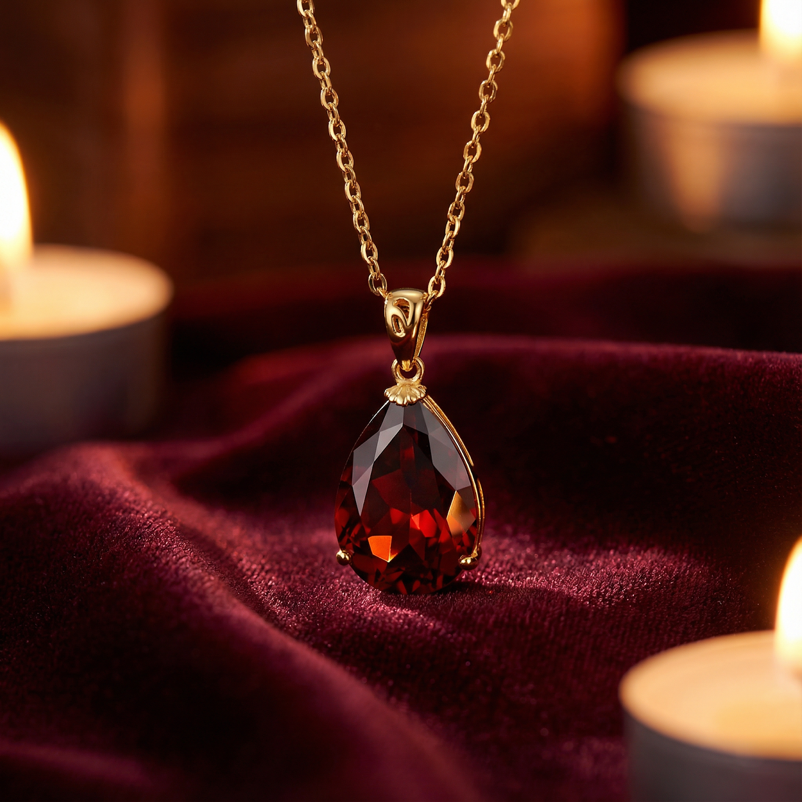 Pear cut simulated garnet necklace in 18K gold vermeil displayed on red velvet with warm candle light.