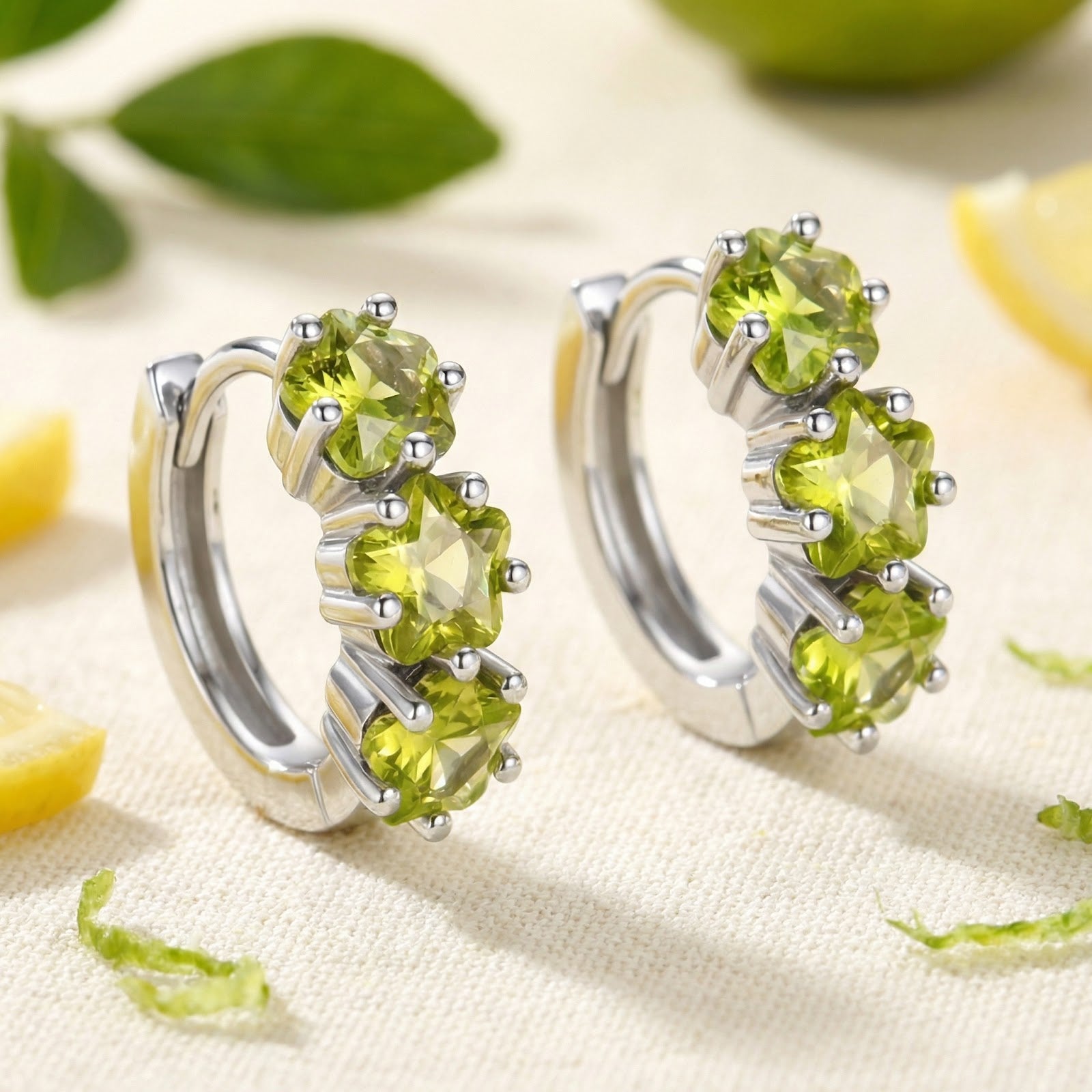 Sterling silver star hoop earrings with three star-cut peridot stones at an angle on a lifestyle background.