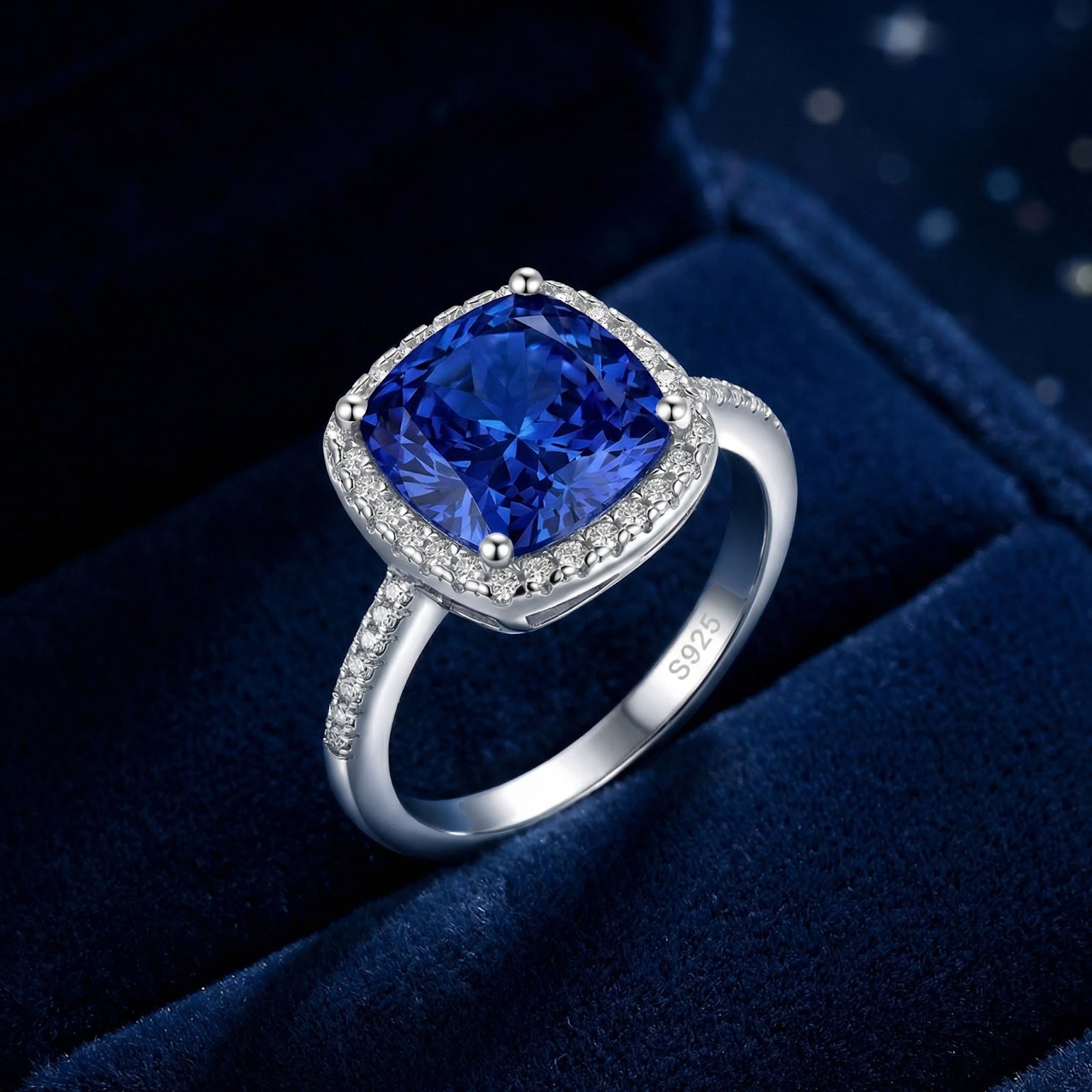 Cushion-cut simulated sapphire halo ring in S925 sterling silver resting on dark blue velvet.
