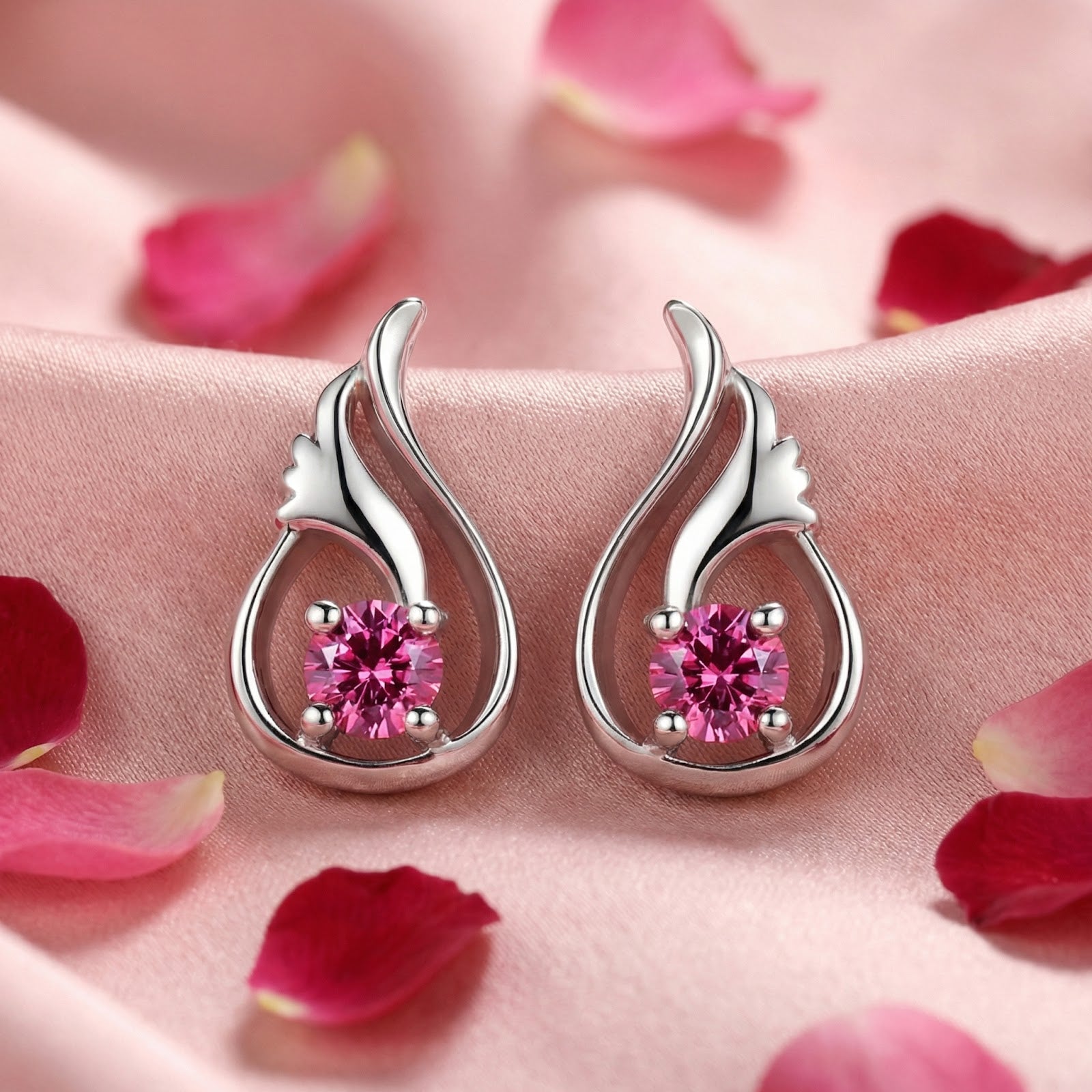 Nerienne Bud sterling silver earrings with round simulated pink tourmaline on pink silk with rose petals.
