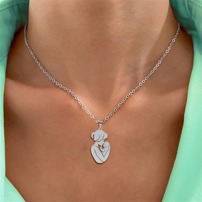 Embracing Mother and Child Pendant Necklace - Stainless Steel