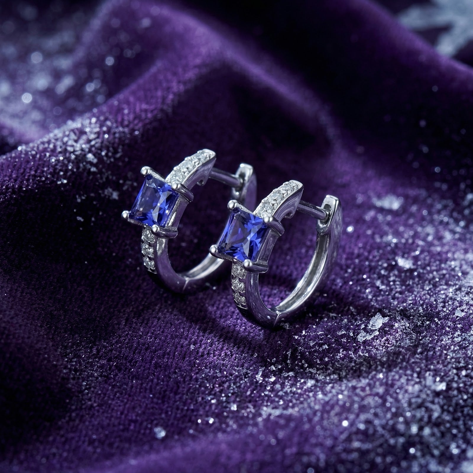 Close-up of sterling silver hoop earrings featuring square-cut simulated tanzanite stones on purple velvet.