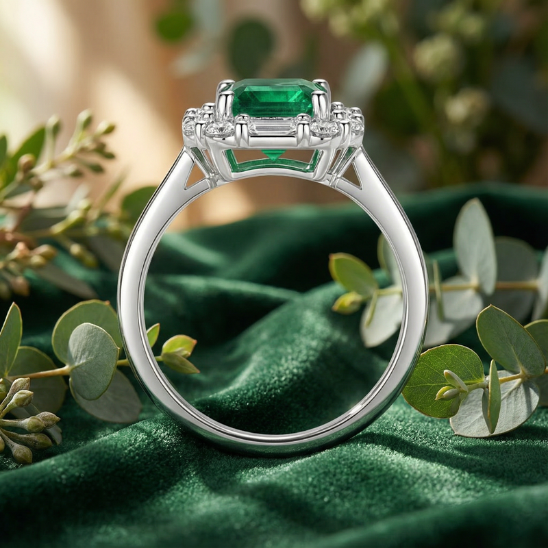 Profile view of the sterling silver Veridienne ring showing the octagon simulated emerald and halo setting structure.