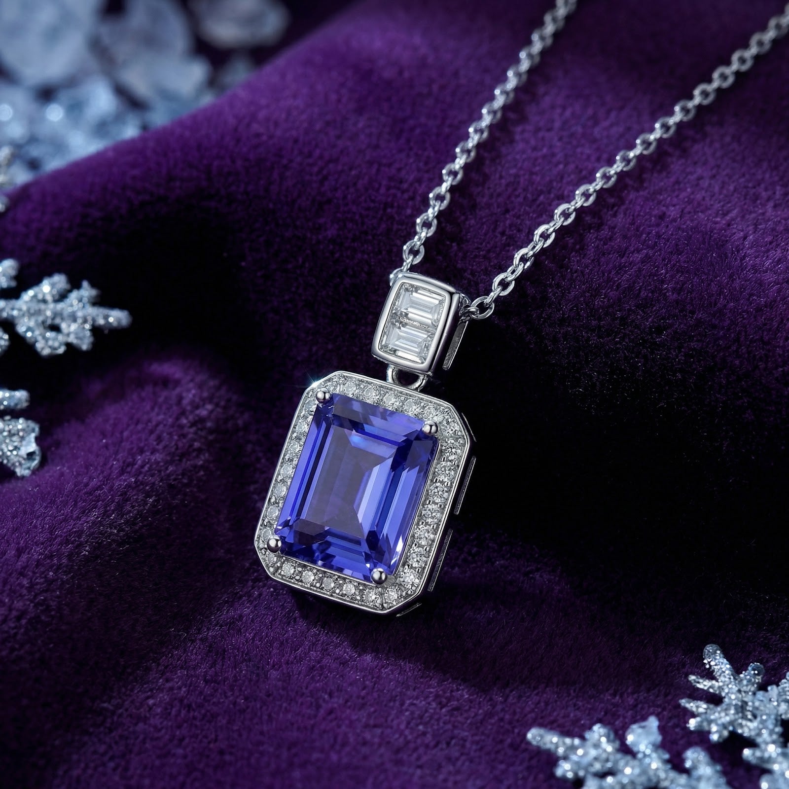 Emerald-cut simulated tanzanite pendant in S925 sterling silver halo setting on purple velvet with snowflakes.